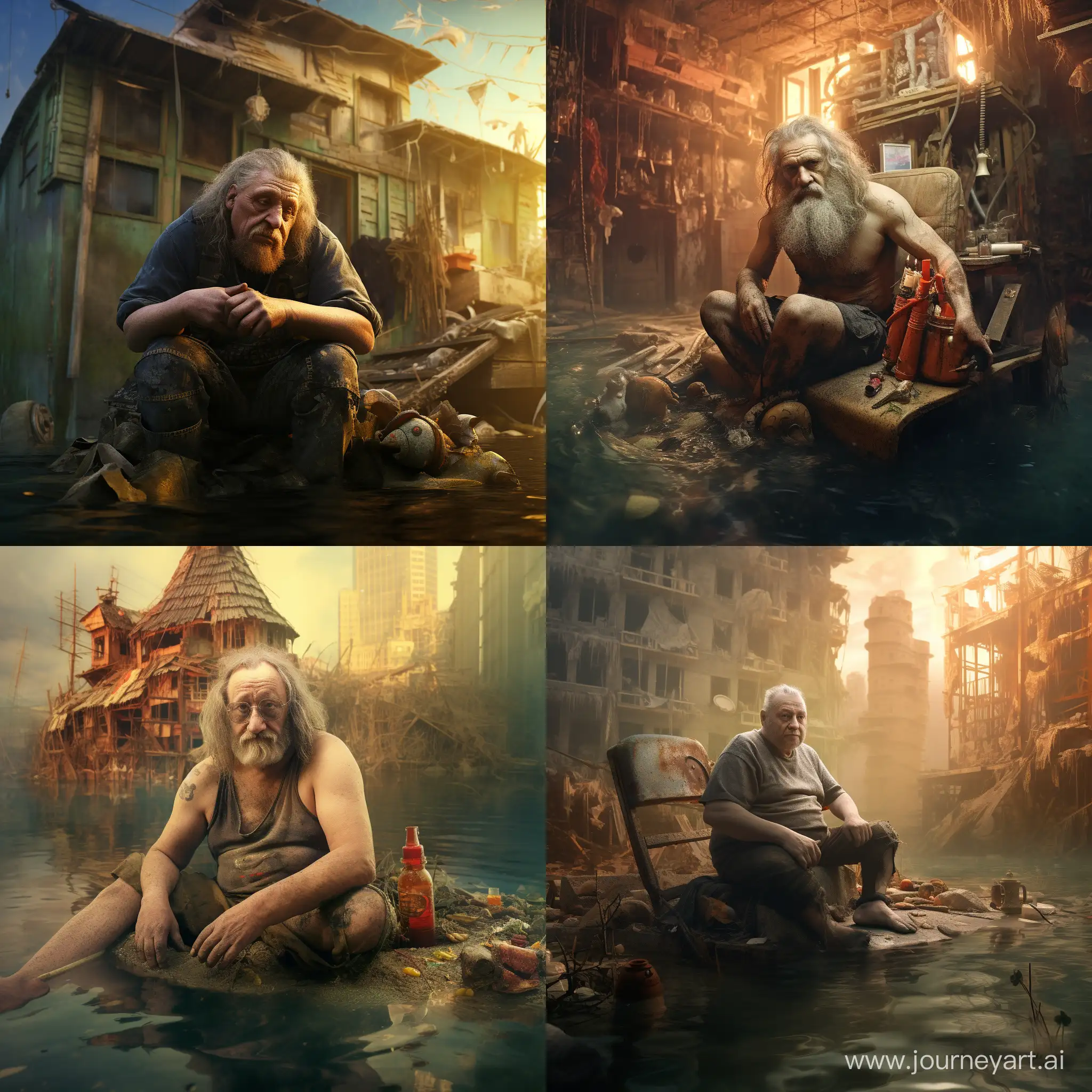 old hobo in dirty clothes sitting underwater on a bottom of sea, with a cigare in hand, rays through the water, scuba gear on his back, half-flooded soviet multi-storey house on background
