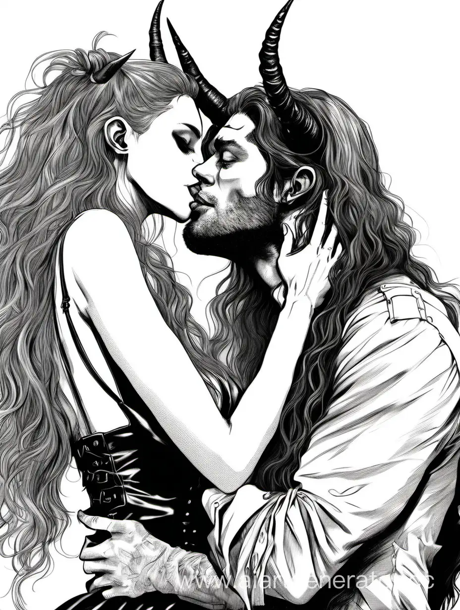 Passionate-Kiss-between-LongHaired-Girl-in-Strappy-Dress-and-Horned-Man