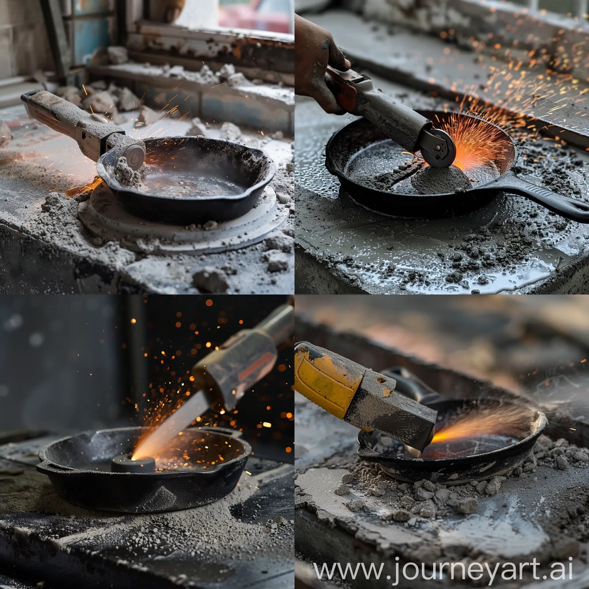 cast iron pan being seasoned by using an angle grinder to grind in concrete and roof tar