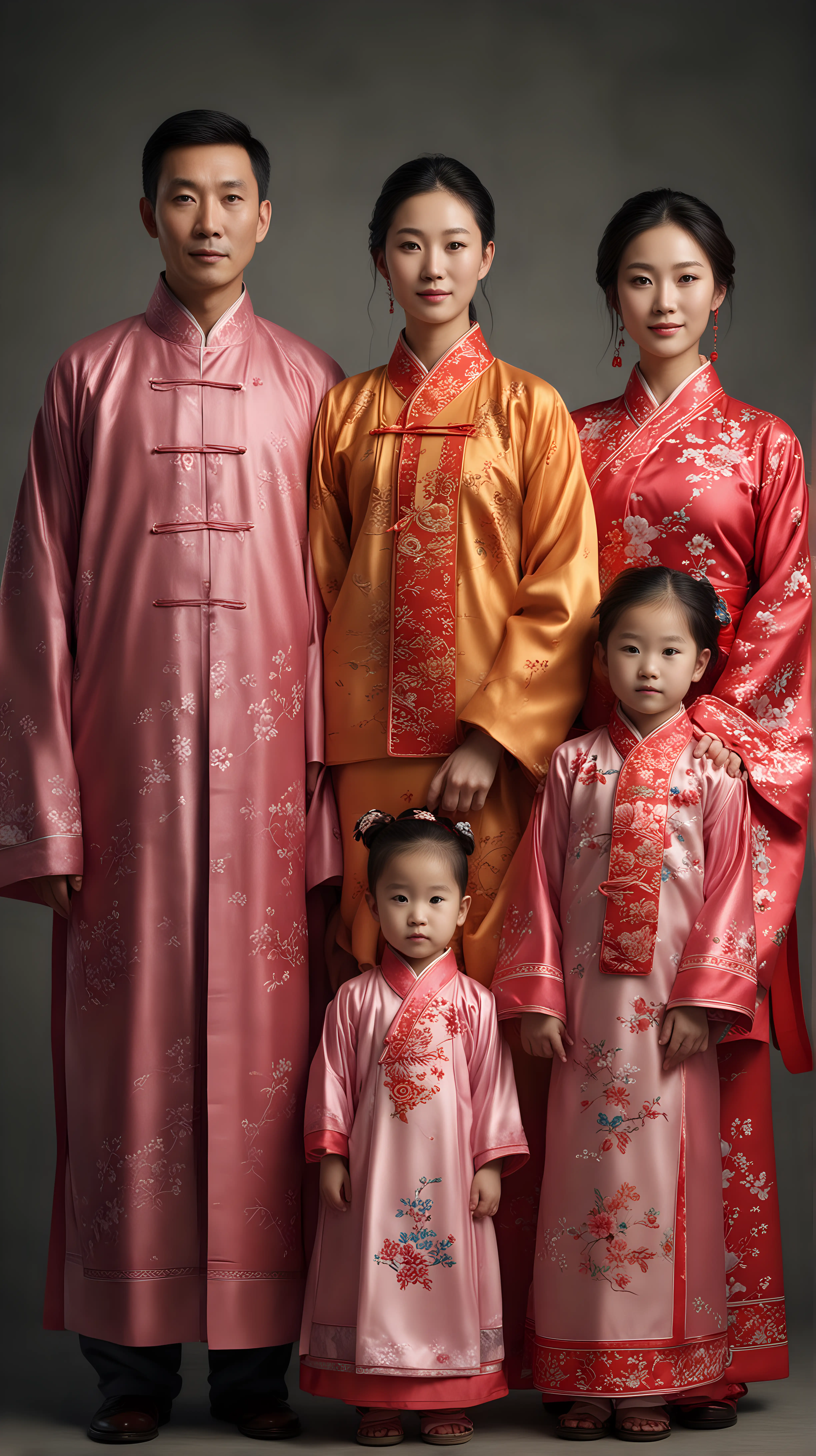Chinese Family in Traditional Clothing Hyper Realistic Portrait
