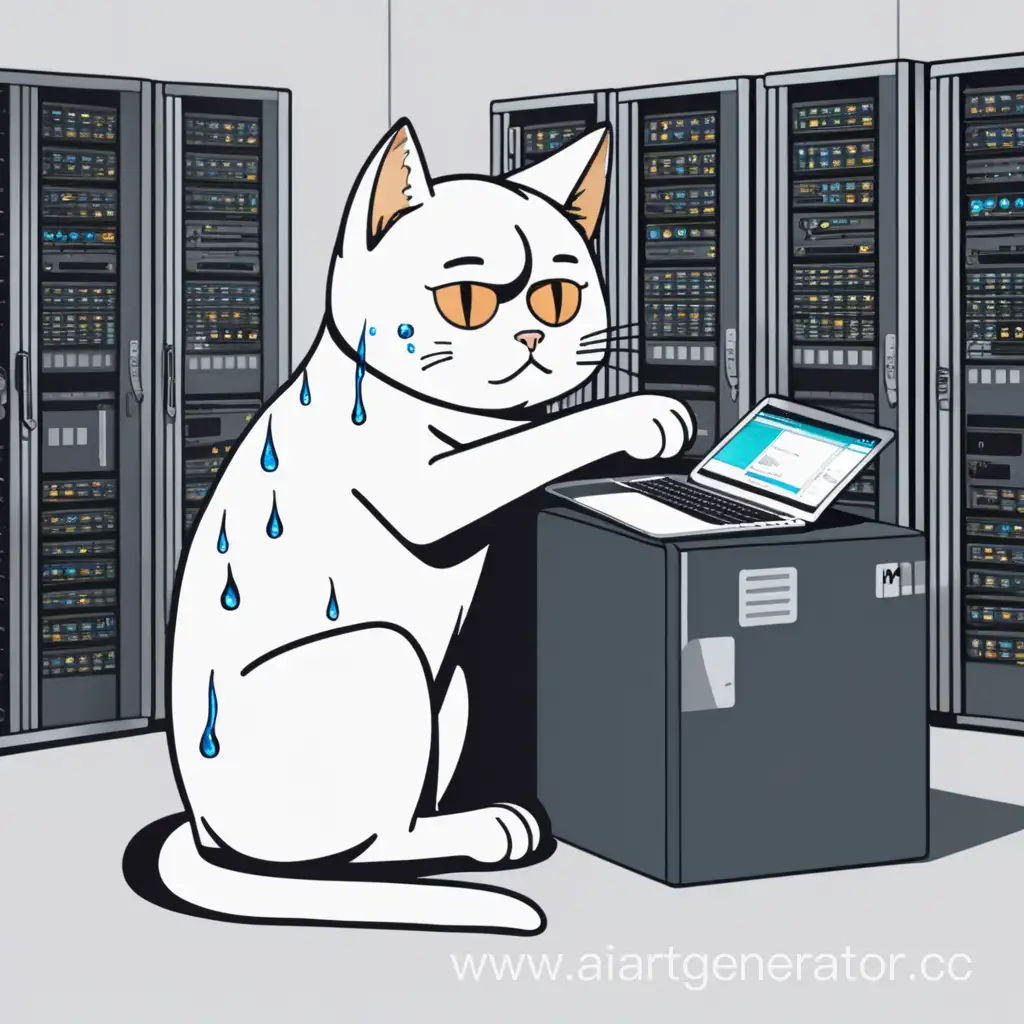 cat with tears in his eyes, sitting in a server room at a laptop, drawing style