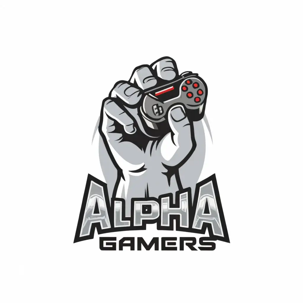 a logo design,with the text "alpha gamers", main symbol:a raised hand holding a console,Moderate,clear background