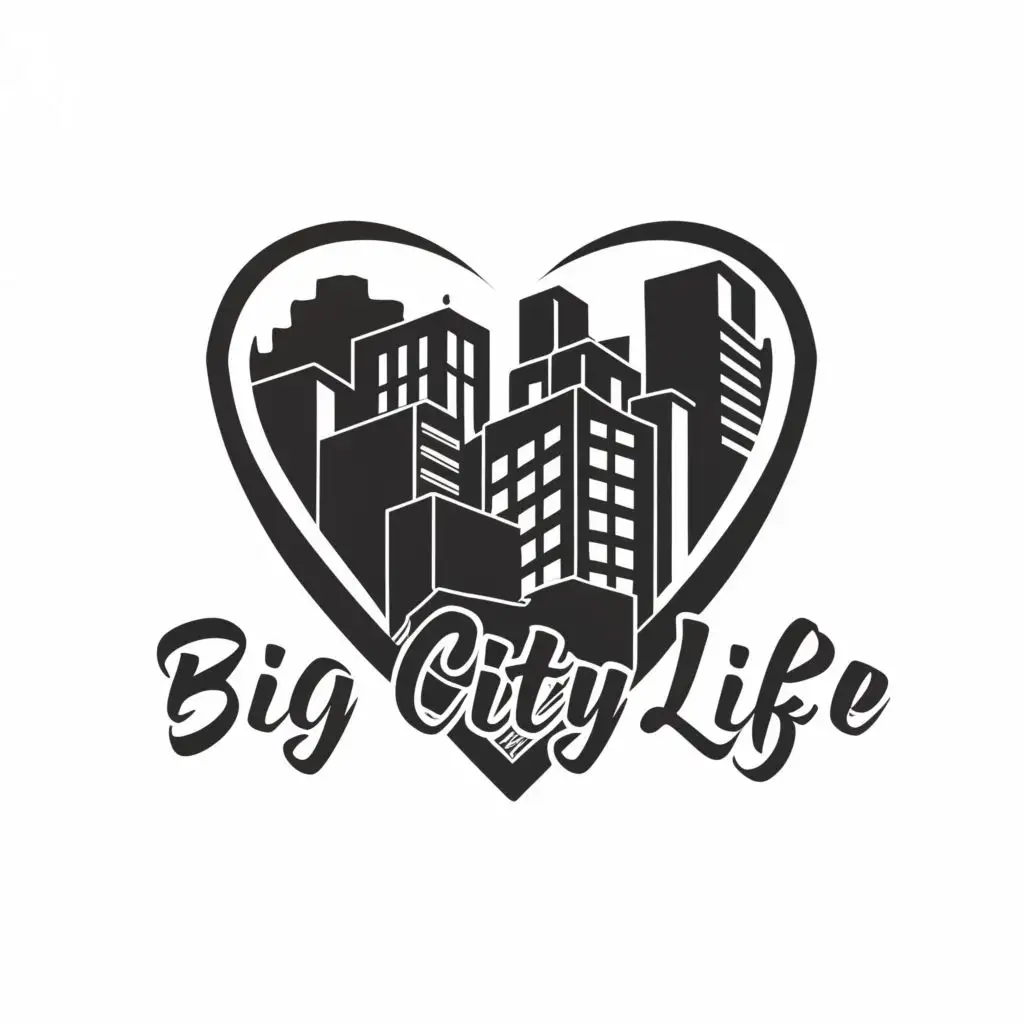 logo, An character who shows the half of the heart in black and white, with the text "Big city life", typography, be used in Entertainment industry