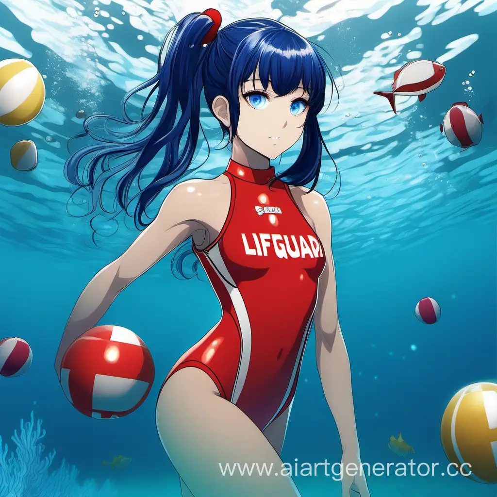 human, underwater, in a red lifeguard swimsuit, light blue eyes, double bun with bang hairstyle, dark blue hair,