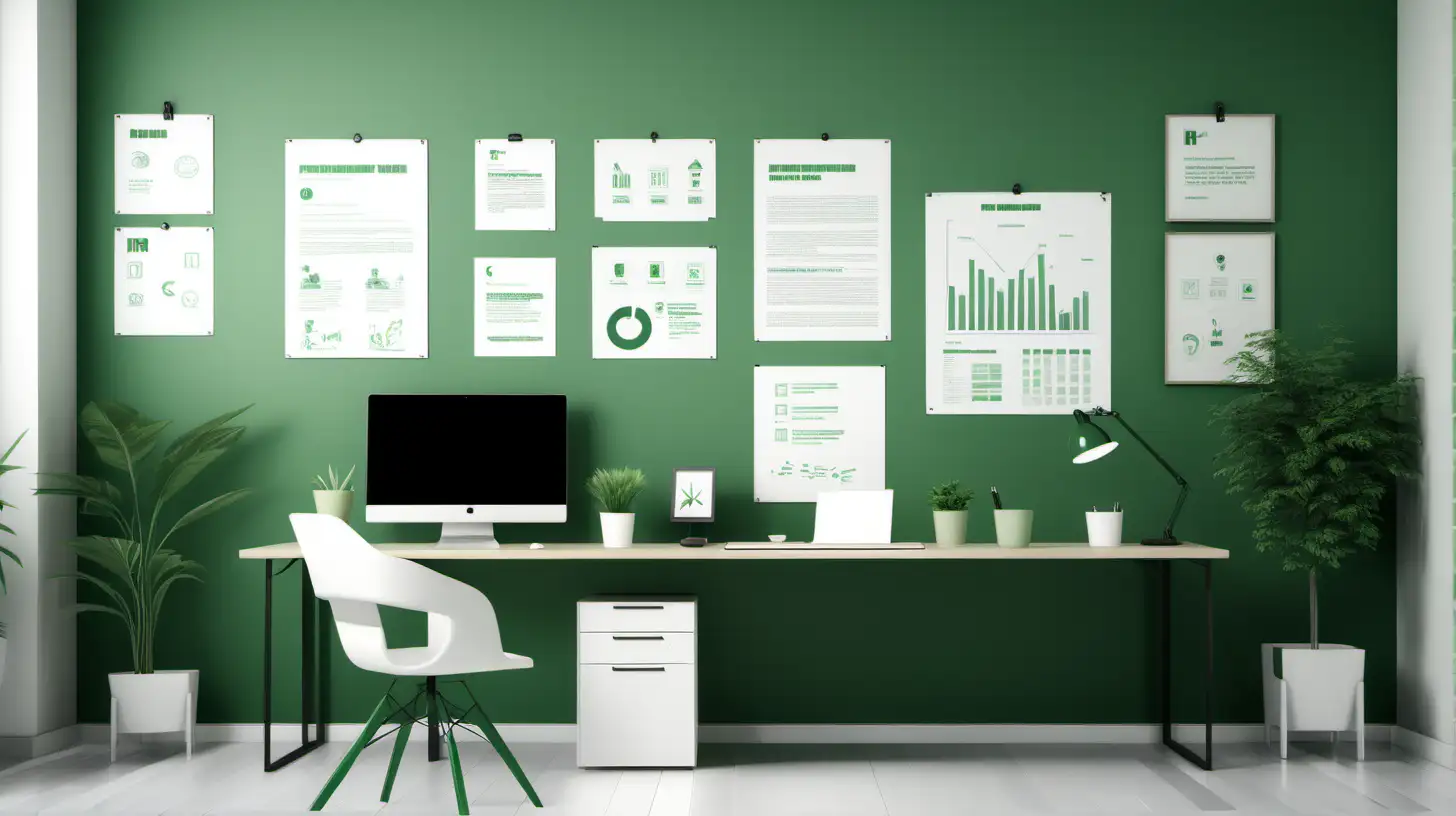 Minimalistic office with some furniture background for HR-manager online course. With infographic posters on the wall about the productivity. Soft white color. mixed with green painted walls