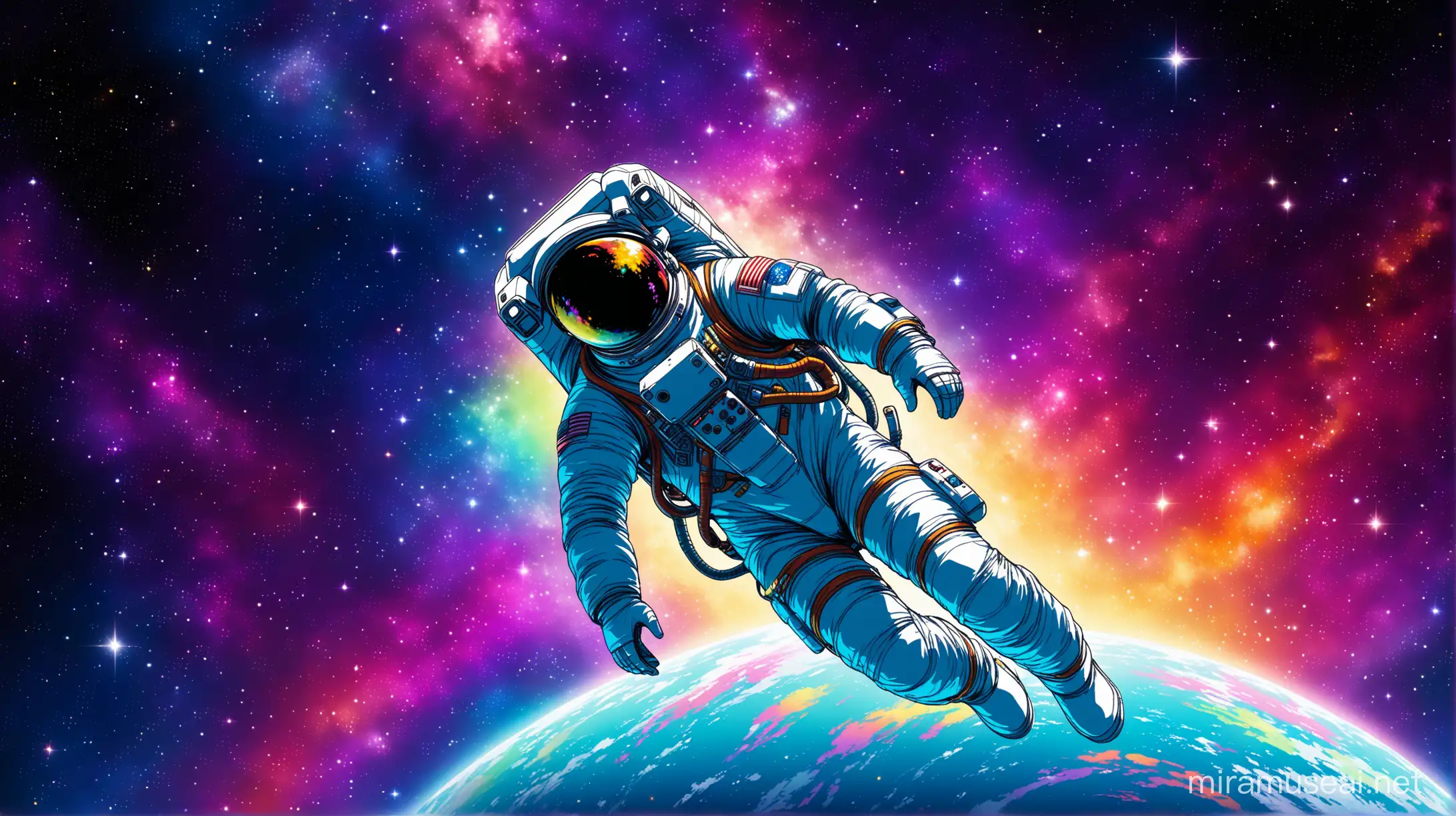 a man in space suit floating in the deep space, with a lot of colors