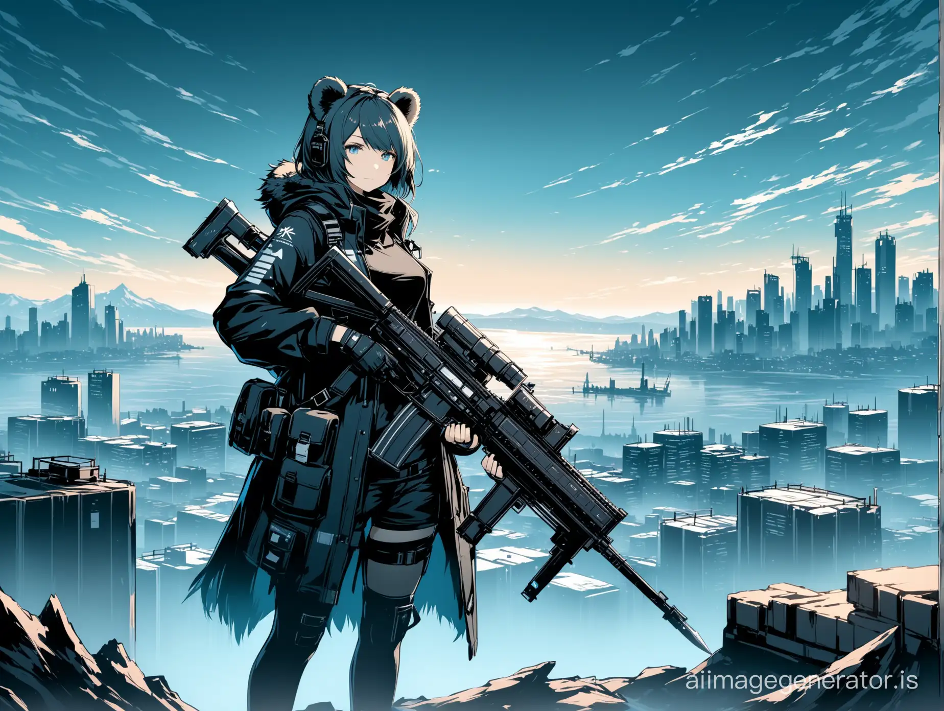 Arknights, (((Arknights))) ursus girl, bear ears, with a weapon, against the background of the city, black clothes with blue elements