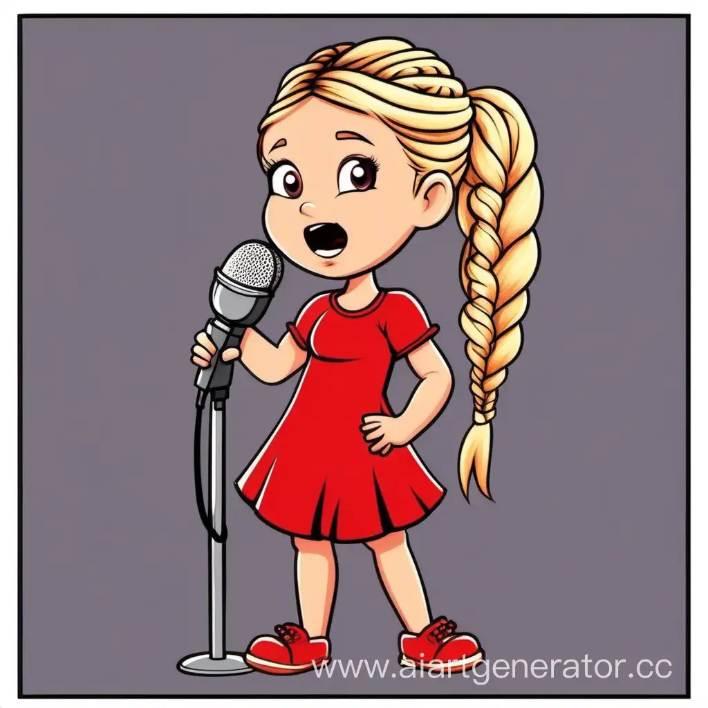 Enchanting-Cartoon-Scene-Blond-Girl-in-Braids-with-a-Red-Dress-and-Microphone