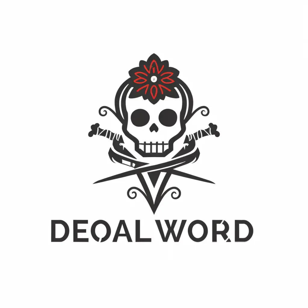 LOGO-Design-for-DeonalWorld-Skull-Flower-and-Sword-with-Minimalist-Style