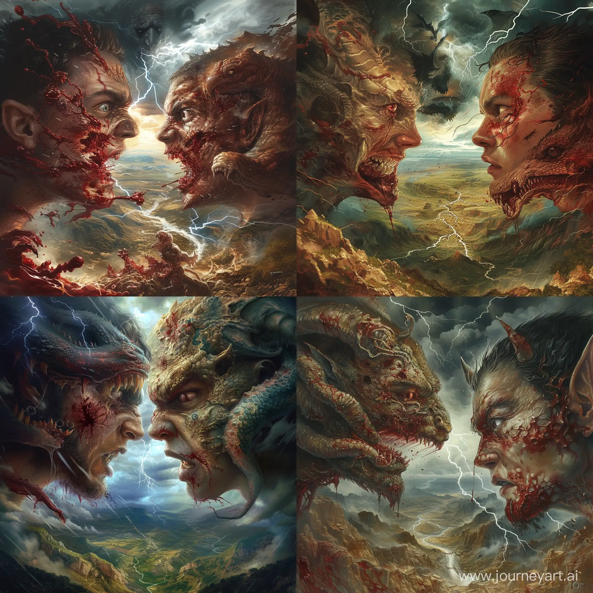 An image depicting two man individuals engaged in a battle with a chimera. The faces are confronting each other, covered in blood. The background reveals a vast valley, with a dark and stormy sky featuring thunder and lightning.