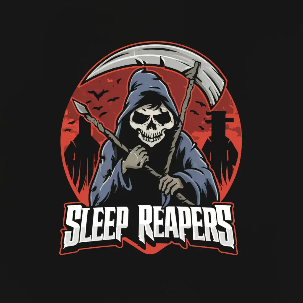 logo, Grim reaper, with the text "Sleep reapers", typography