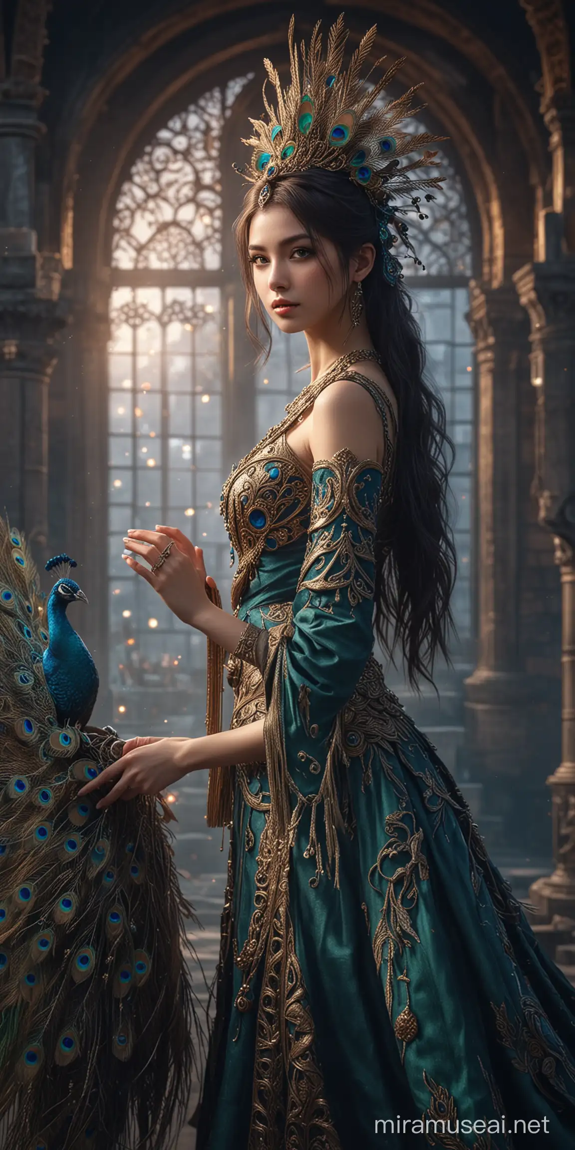 Enchanting Peacock Summoner Amidst Fantasy Castle Backdrop