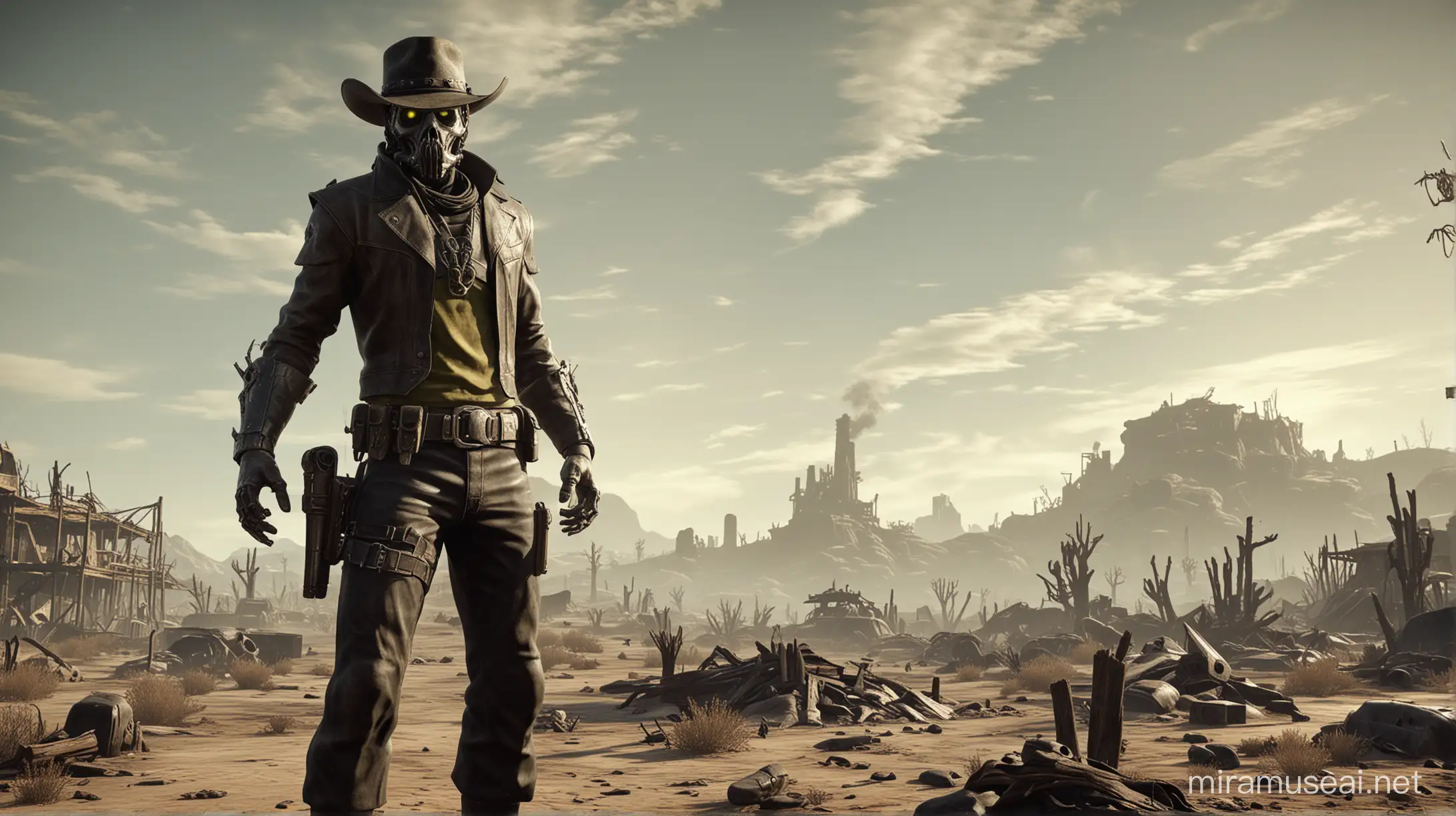 game graphics, fallout 4 ghoul standing with his hands up, wasteland in the background. wearing a cowboy hat in colour