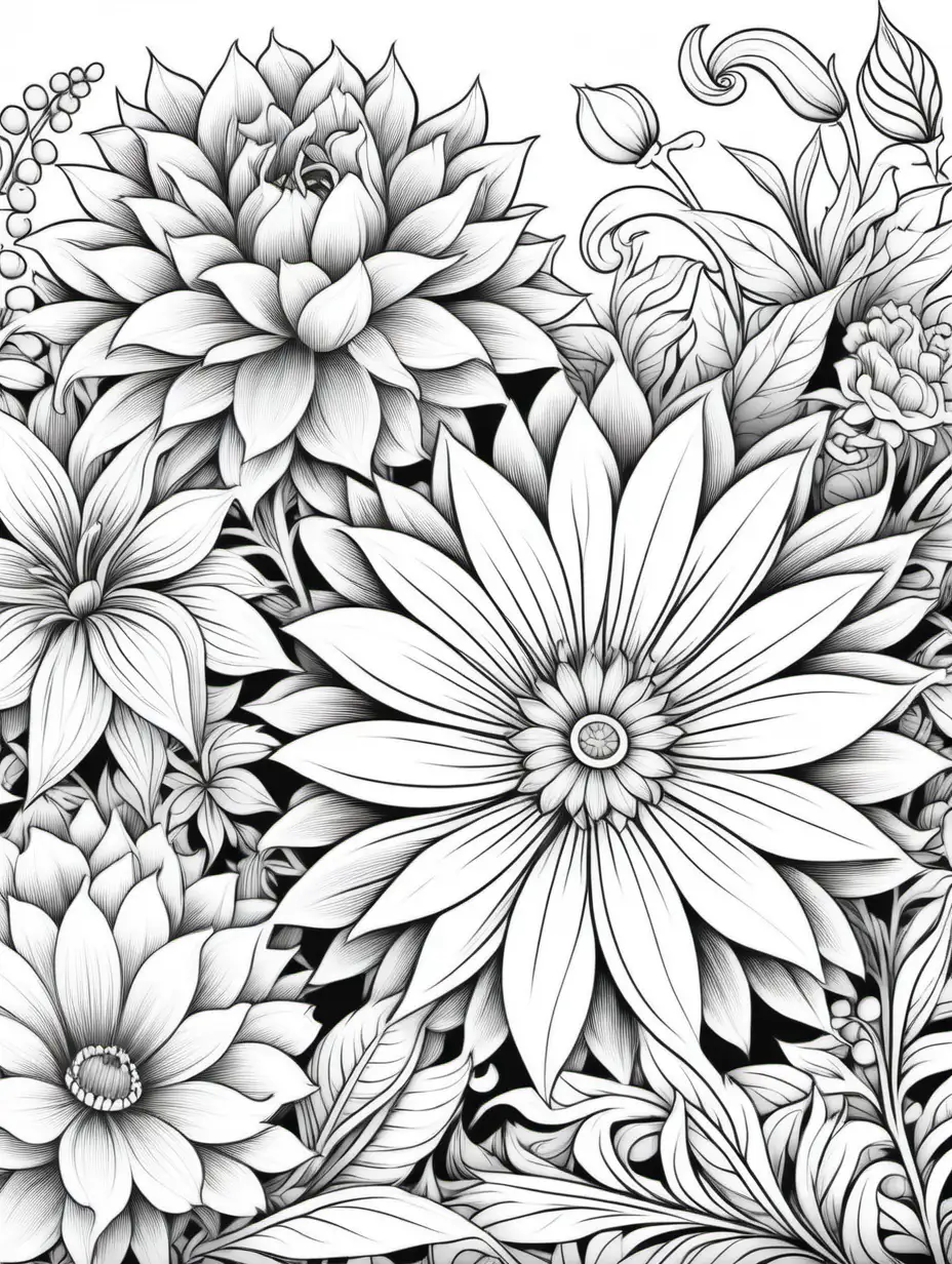 floral background, coloring book, black and white, no shading, no background, thick black outline