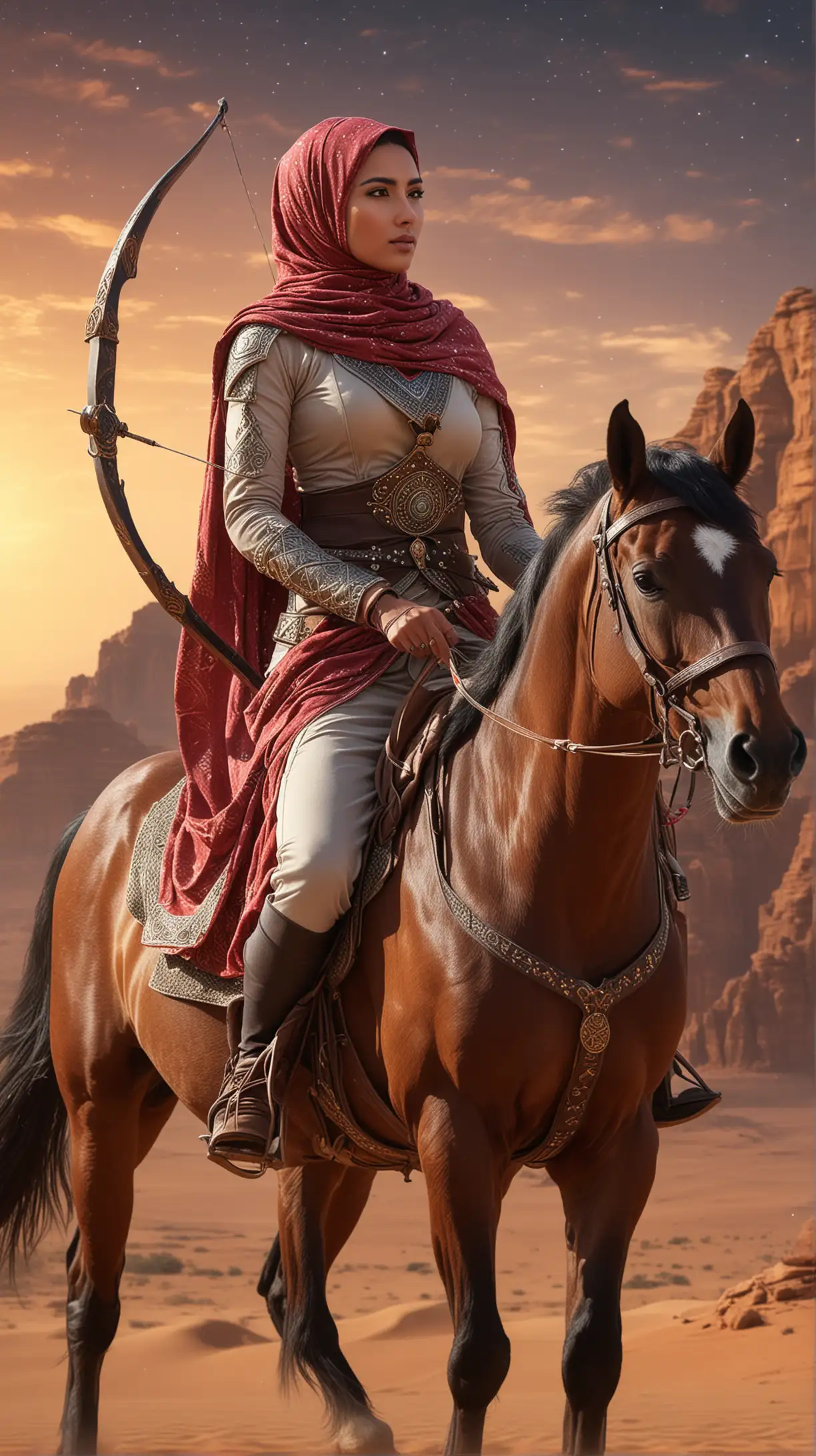 one arabic woman wearing hijab riding  strong beautiful horse  very detailed with archery in her back, vibrant, majestic landscape of desert in with petra build  site background, milky way,  beautiful sky and star. heroin vibe character, realistic, illustration, ultra detailed for everything, high quality, render, stable diffusion, beautiful vibrance palette colors, full shot distance view, photography style, best composition pictures , best perfect body composition form,  view from distance, --ar niji v6.0, perfect beautiful  form everything, 