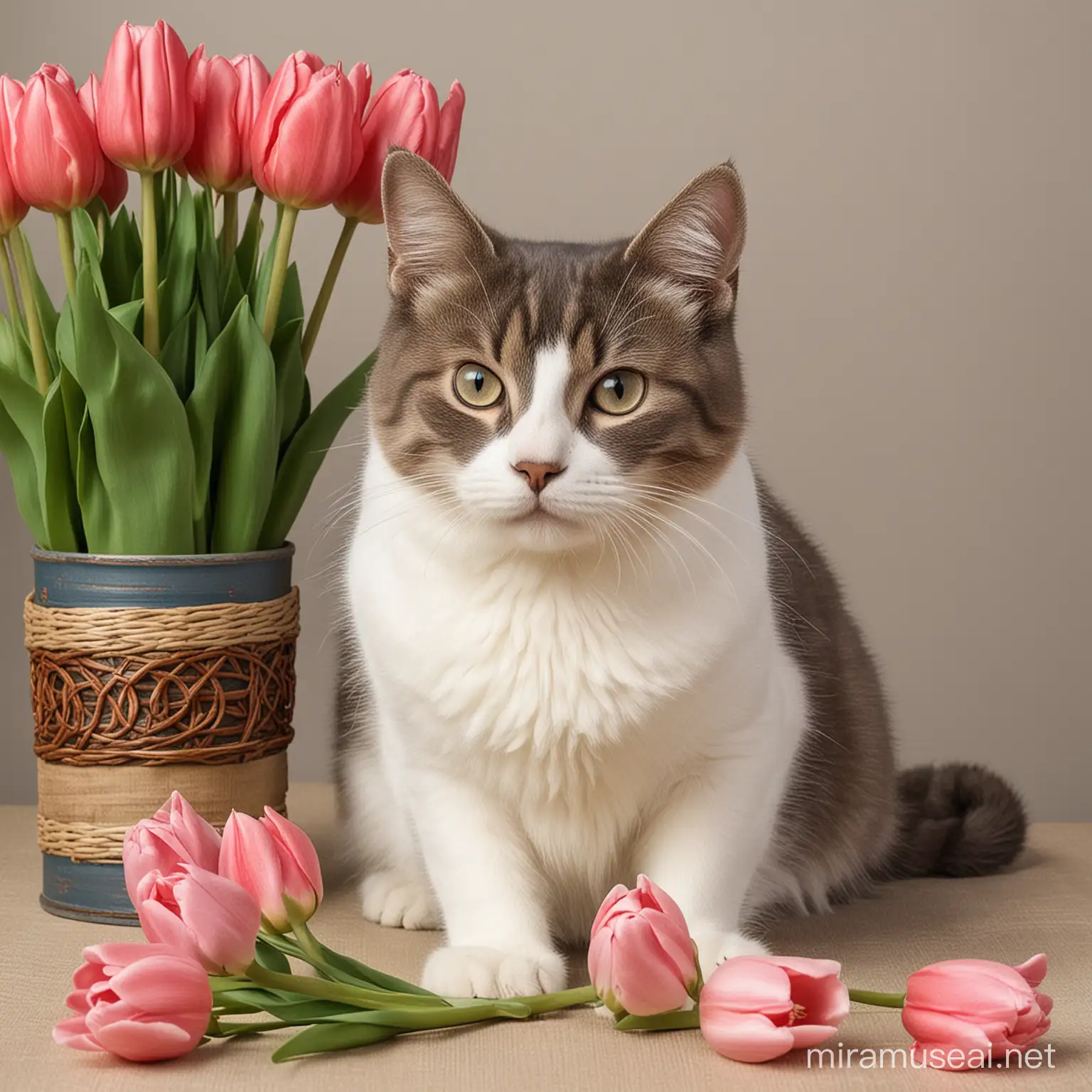 Adorable Cat Surrounded by Vibrant Tulips