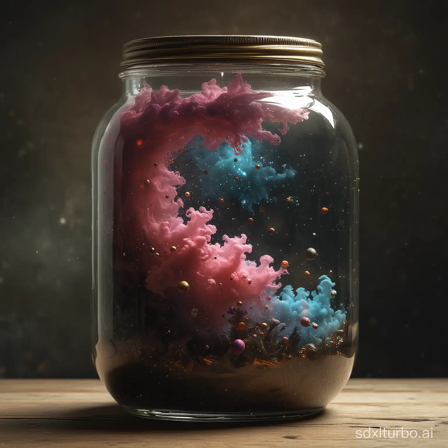 Galaxy cosmos nebula in a jar, by Odd Nerdrum, Beksinski, Jeremy Mann, Michael Hussar, Emil Melmoth, Ralph Steadman, Joel Peter Witkin, 8k resolution concept art by Greg Rutkowski intricately detailed dynamic lighting hyperdetailed Splash art trending on ArtStation