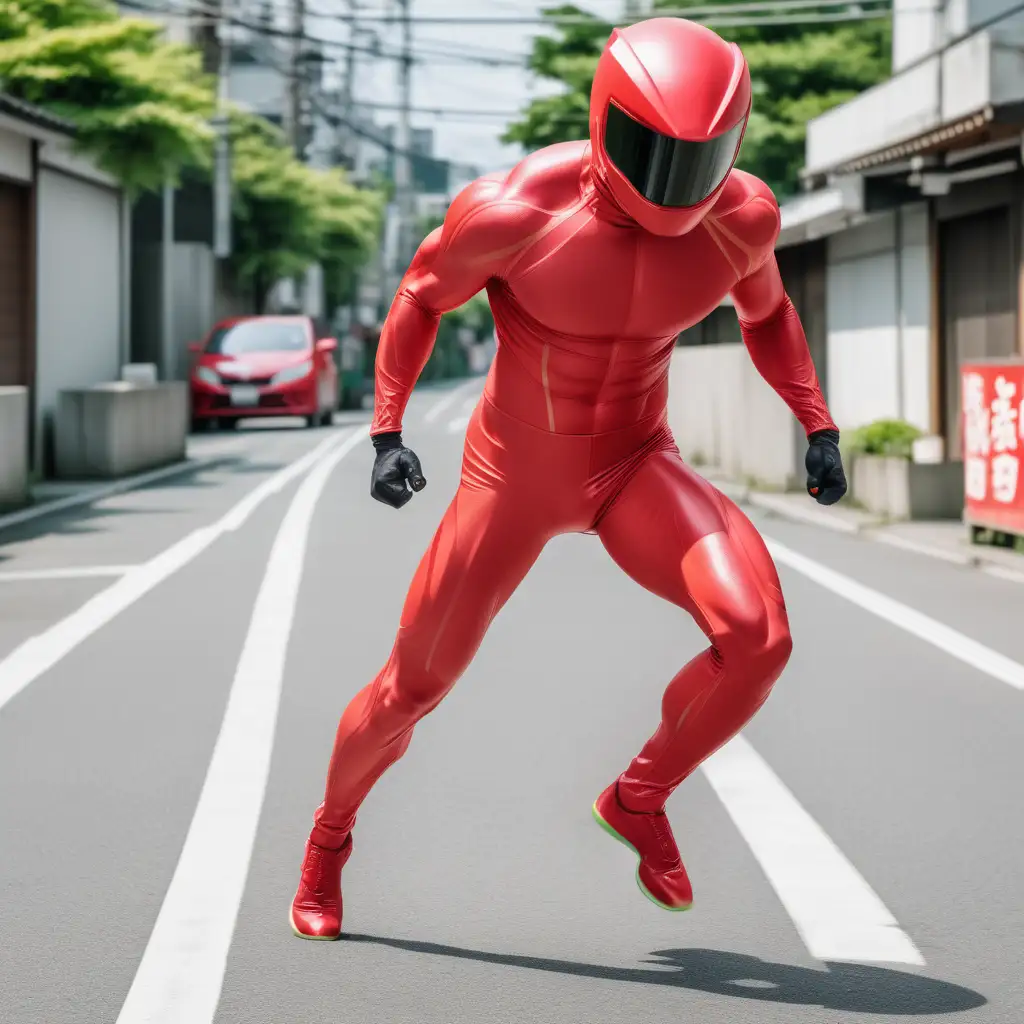 muscular man, full body watermelon red skintight suit, watermelon red closed sentai helmet with visor, high speed sprinting, shooting red energy blast, street, Japan, day