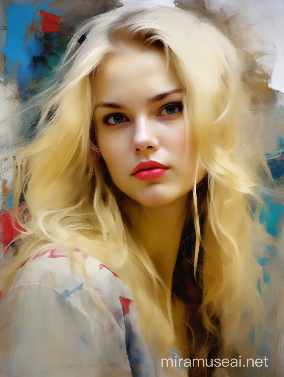 PPortrait painting of a beautiful blond Russian woman, 21 years old, with a with a serene look, in Nikolai Fechin style, Pino Daeni, Vladimir Volegov, Alberto Seveso, Rogue. long hair, Detailed background, perfect details, colorful, cute, Perfect face. Expressive, artistic brush and impasto dabs on canvas texture. Abstract background. -style raw--stylize 750