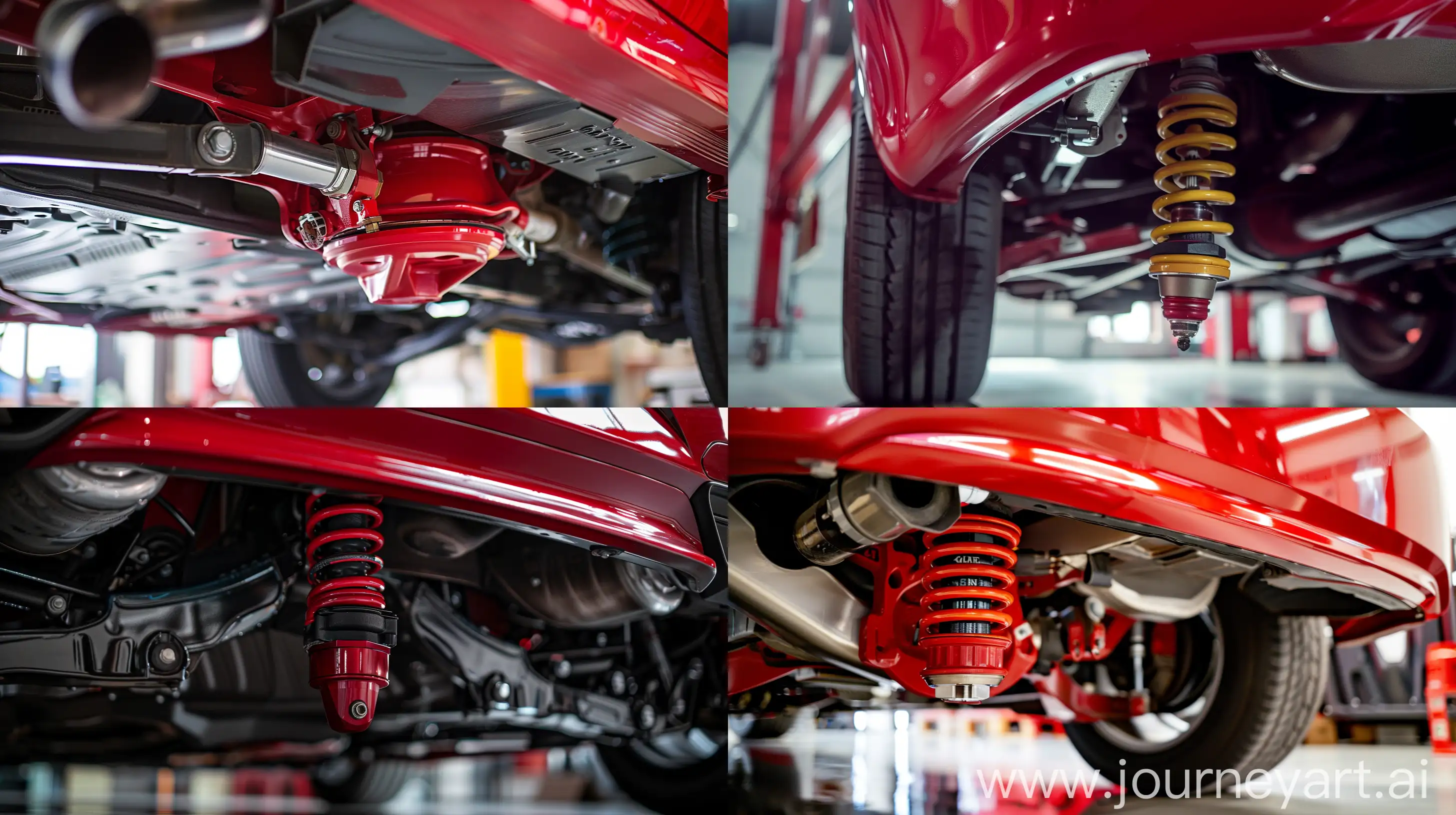 The red car's shock absorber is located underneath the vehicle. --ar 16:9 --style raw