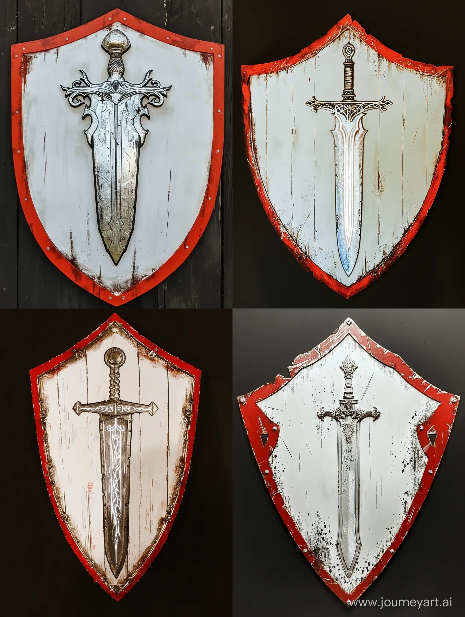 Белый щит с красными краями, на щите изображён серебряный изысканный меч , меч освещен силой Великого Света, у меча прямая гарда и круглое навершие, клинок меча толстый
