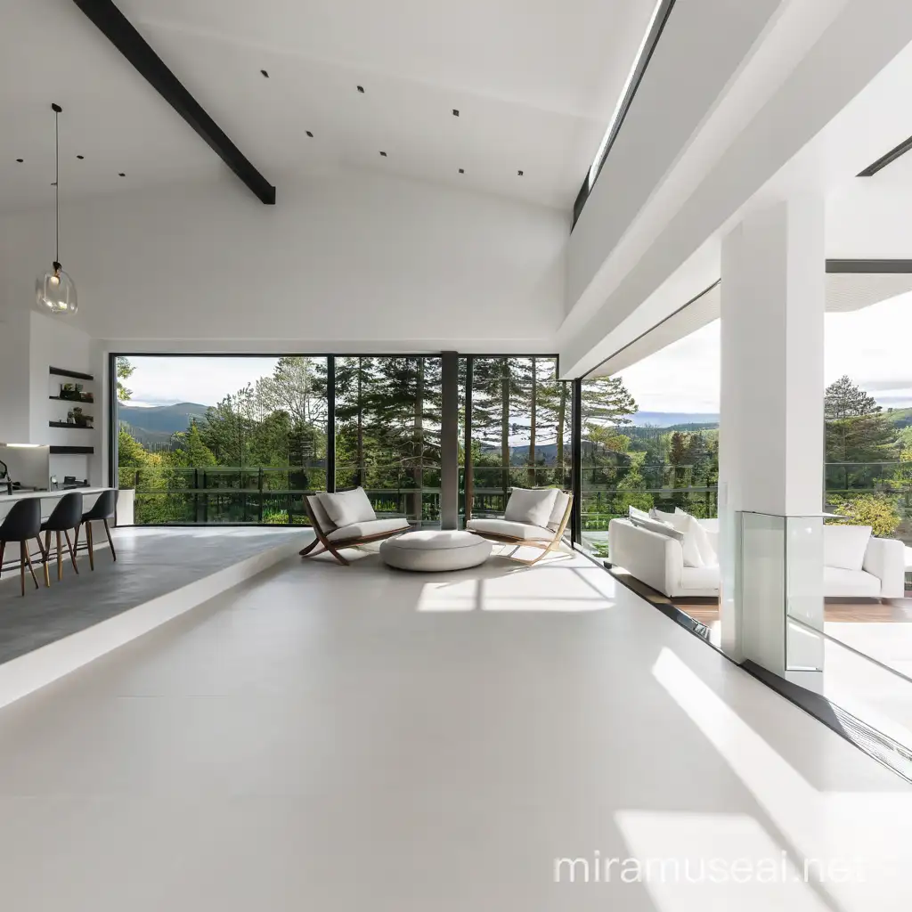make me living room with big windows and cascading floor on the second floor