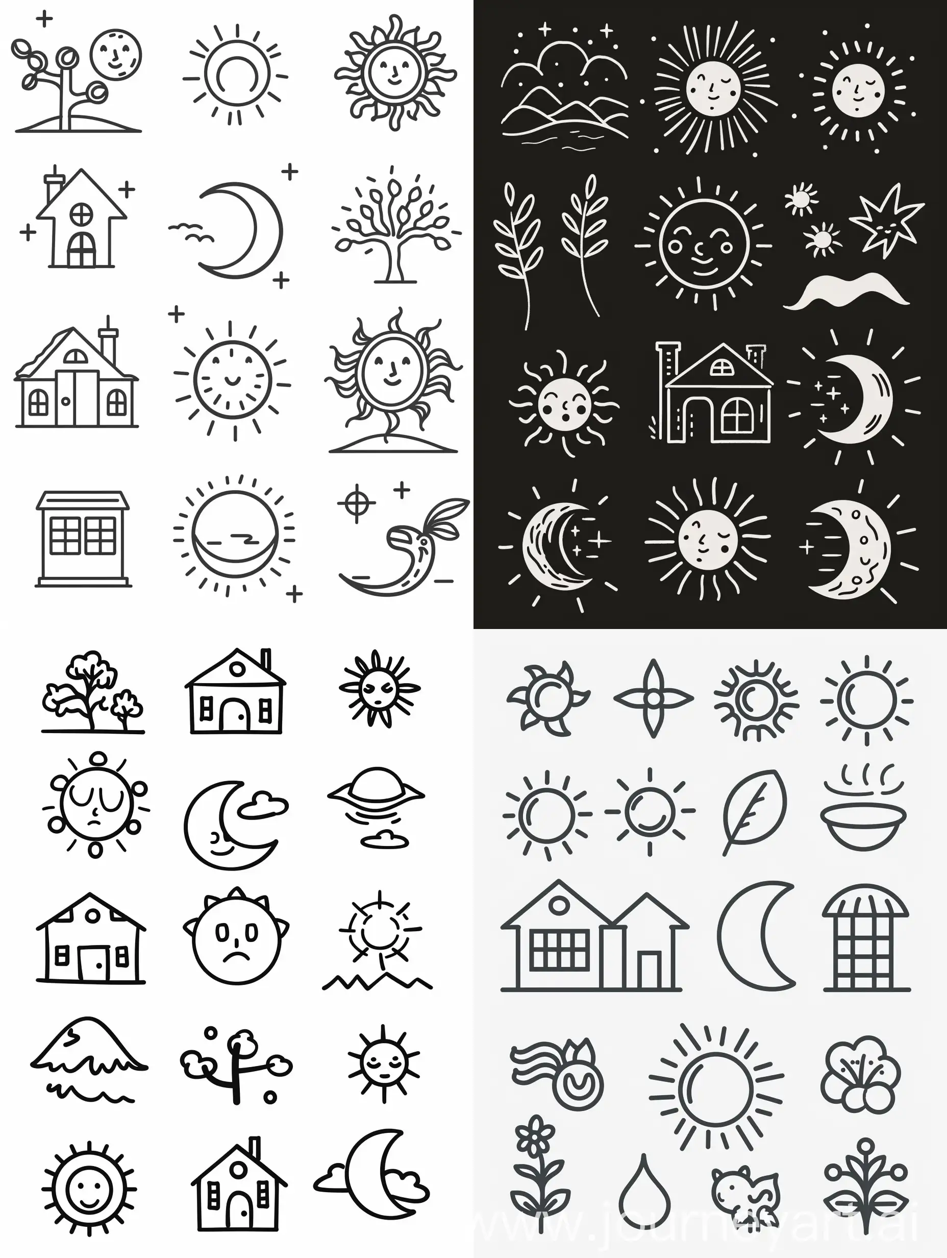
Набор иконок, рисунок от руки, тонкая линия, контур, природа, уют, дом, солнце и луна