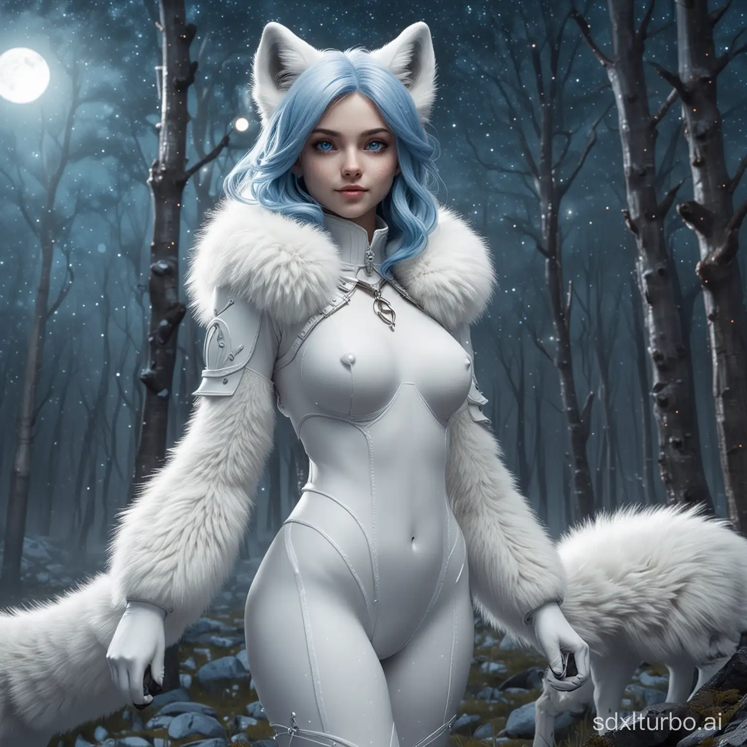 a full body portrait of a humanoid anthro furry female woman arctic  fox with a white fox muzzle and with blue medium length blue hair and white fur and blue eyes a white fox tail hi poly 3d render hi definition zoomed out full body shot of her, dark starry sky with a beautiful moon and a fantasy forest background, furry