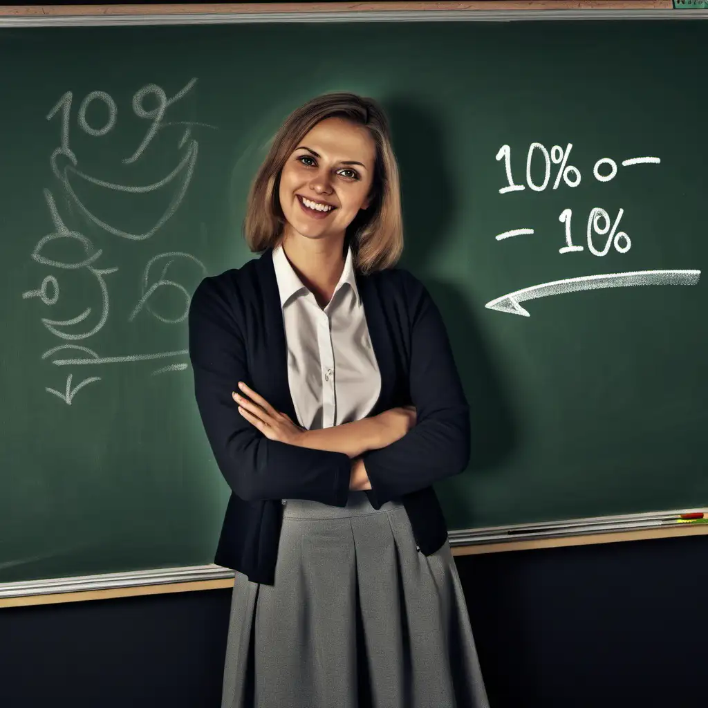 A drawing of a female teacher looking happy , standing next to a chalkboard in the classroom and on the board is written in white chalk "-10%". 