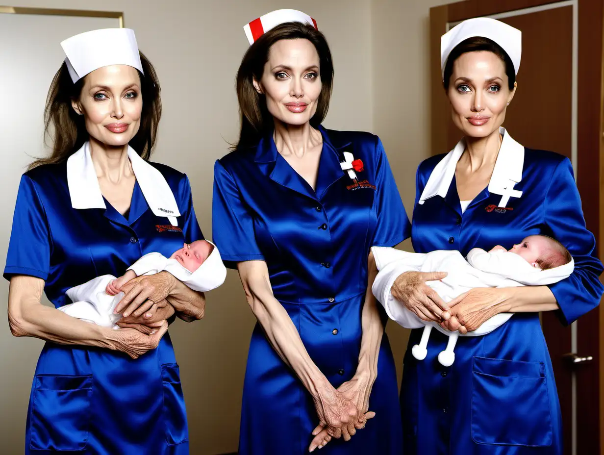 Elderly Mothers and Little Daughters in Royal Blue English Nurse Uniforms Smiling with Mistress Angelina Jolie