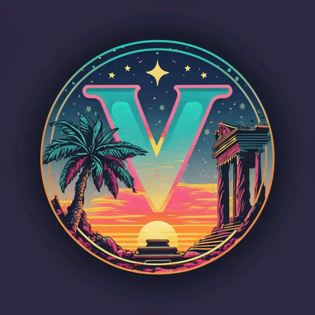 logo, Logo Symbol: synthwave style, letter V in center, sunset in background, stars in the sky, palm trees and greek sculpture, in circular badge, with the text "Vespertine", typography, be used in Travel industry