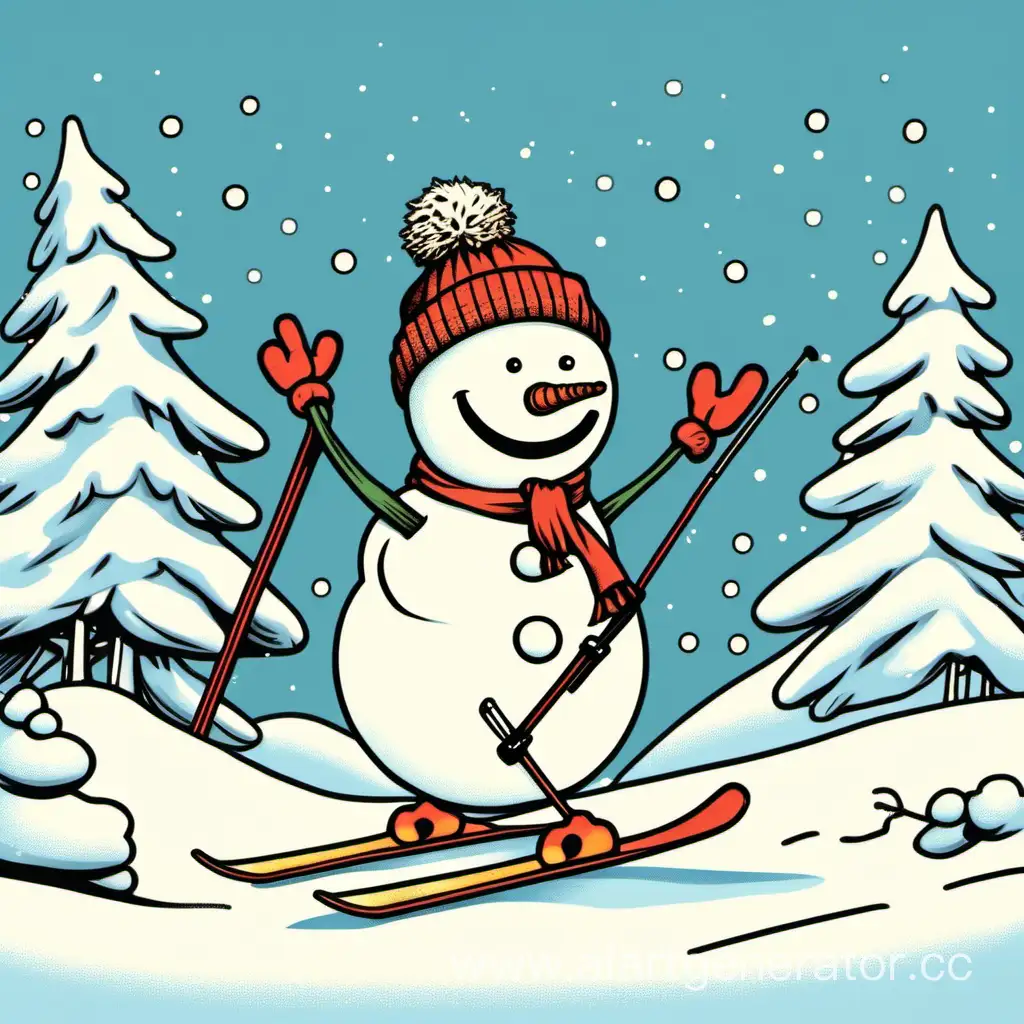 снеговик катится на лыжах