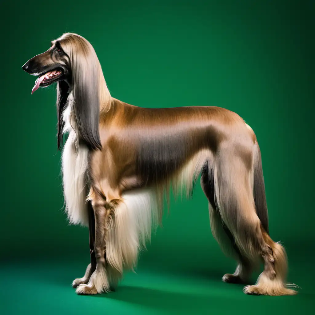 A full side view of a standing Afgan Hound bitch, on a  green background