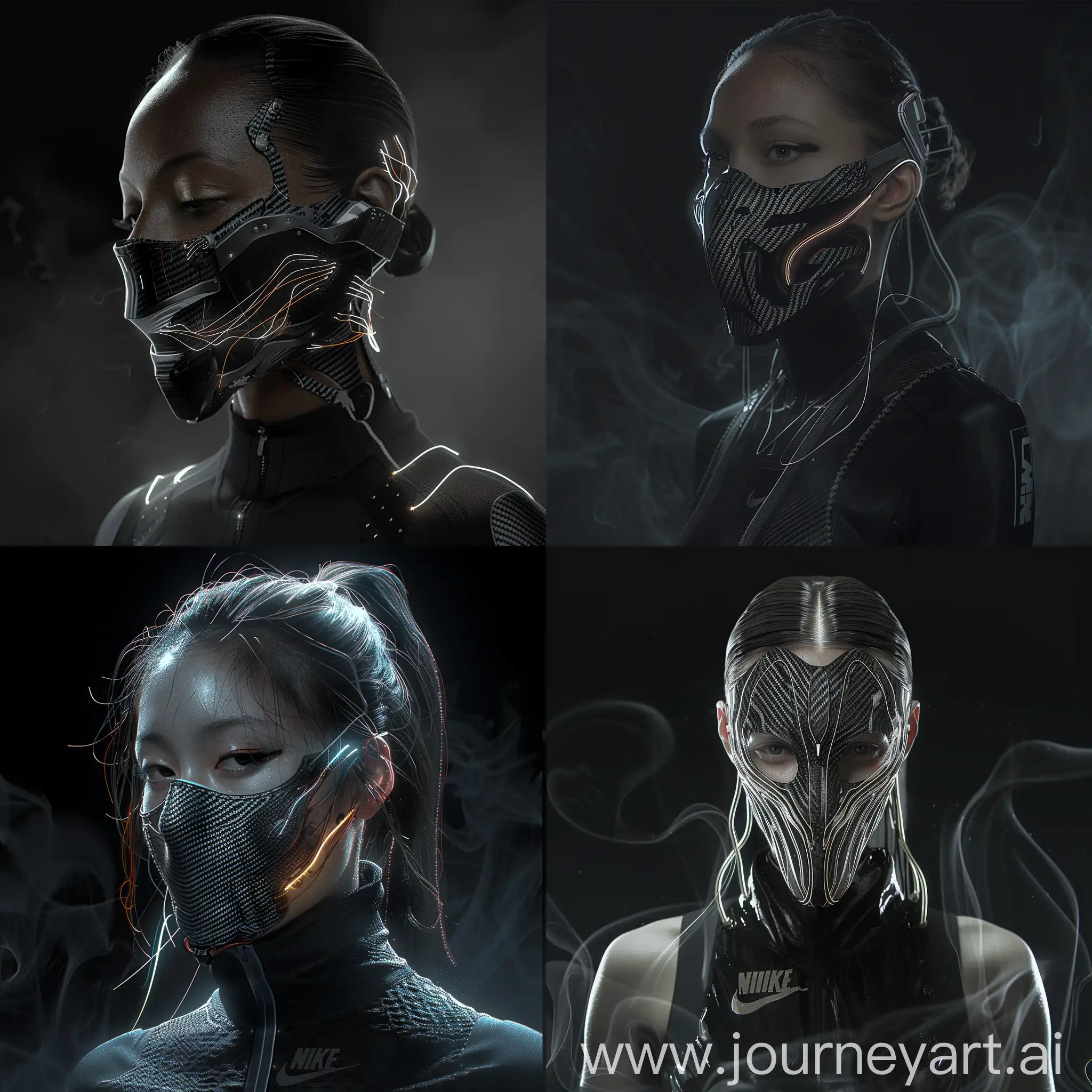 Against a sleek black backdrop, behold a mesmerizing character adorned with a cybernetic mouth-covering mask, where sleek carbon fiber textures form intricate patterns, shimmering with a futuristic elegance. Pulsating wires gracefully traverse the mask, imbuing it with vibrant energy that illuminates its contours. The mask's design incorporates sleek aluminum accents, adding a touch of sophistication to its futuristic appeal. Inspired by Nike's materials of hyper-performance, the ensemble exudes a sense of athletic prowess merged seamlessly with cyberpunk aesthetics. Symbolizing the delicate harmony between humanity and machine, her appearance radiates with the essence of a futuristic cyberpunk aesthetic. With dynamic movements reminiscent of action film sequences and cinematic haze enveloping her, she captivates with an irresistible allure, embodying a vision of elegant cyberpunk sophistication.