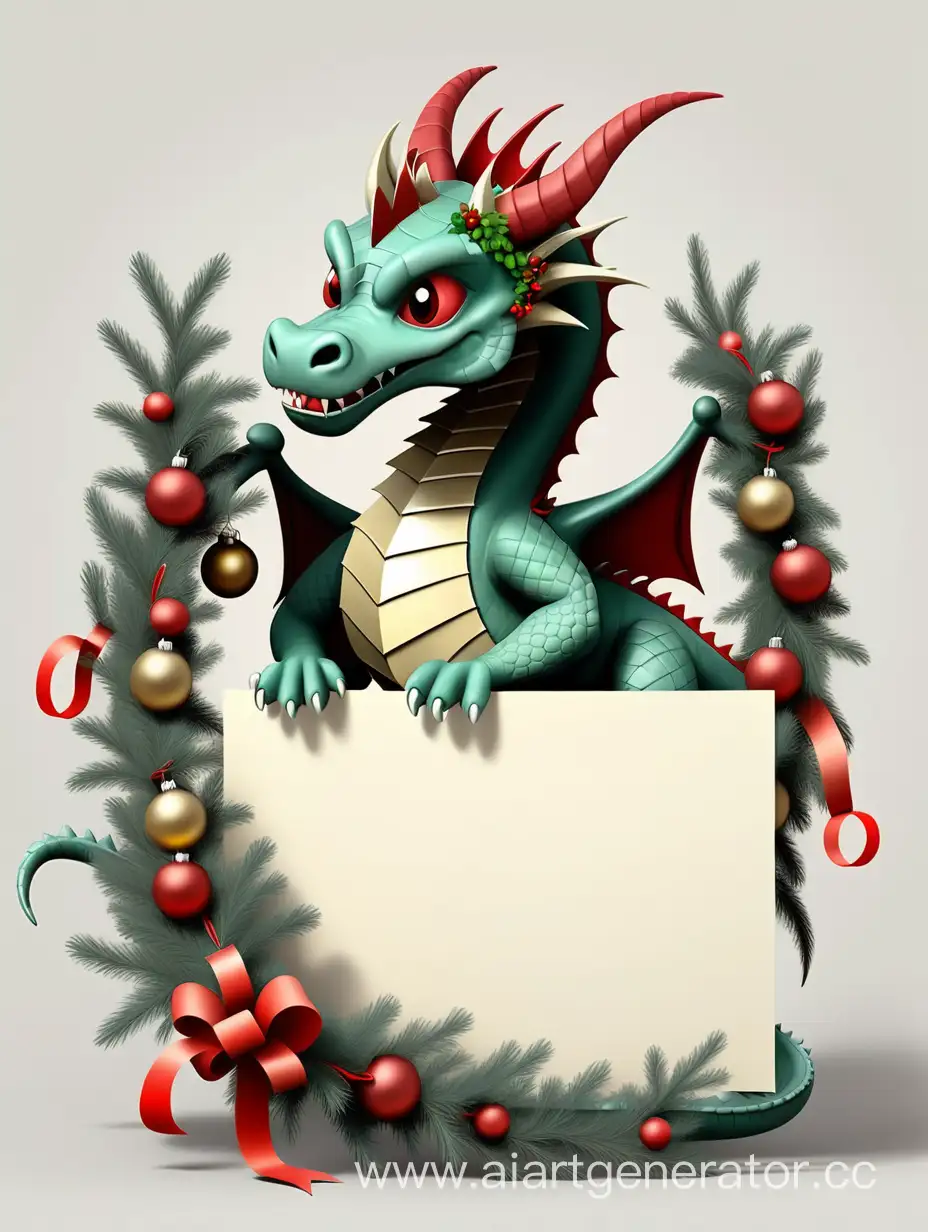 New Year's card with a blank space for a  script, featuring a smal fastive dragon adorned with a Christmas garland