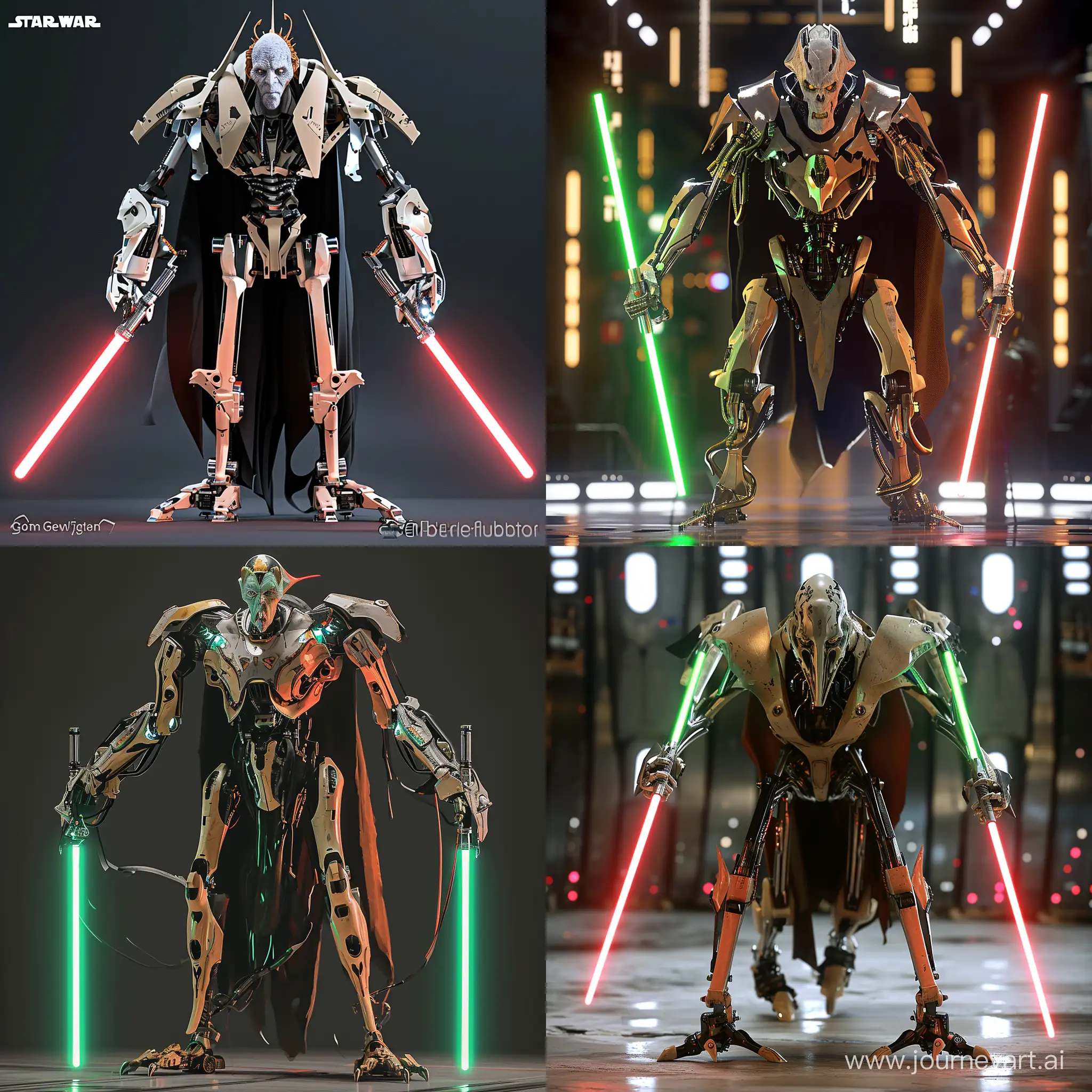 Generate an updated image of General Grievous for a hypothetical remake of the Star Wars franchise, featuring Benedict Cumberbatch as the voice actor. Embody the menacing and cybernetic presence of General Grievous, ensuring a modern and realistic interpretation. Pay attention to the details of Grievous's robotic limbs, lightsabers, and the overall design while incorporating elements that reflect Benedict Cumberbatch's vocal portrayal. Create an image that captures the essence of General Grievous with a fresh and contemporary take, highlighting both the visual and auditory aspects of the character in this hypothetical remake.