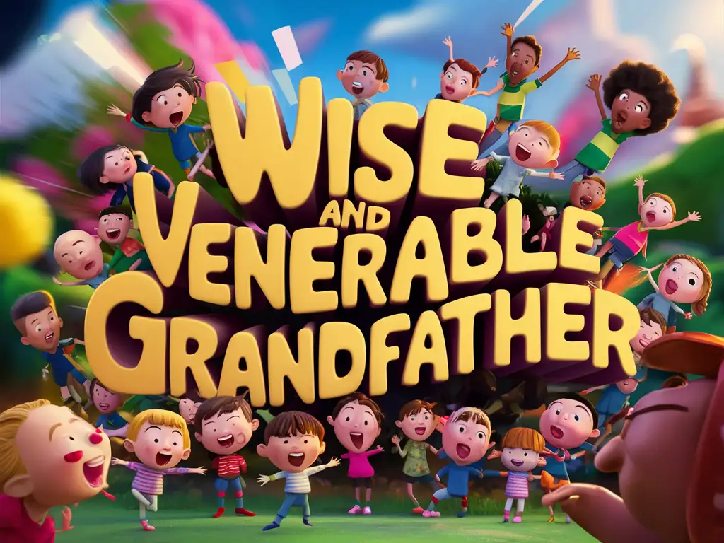 Playful Children Surround Wise and Venerable Grandfather Cartoon 3D Render