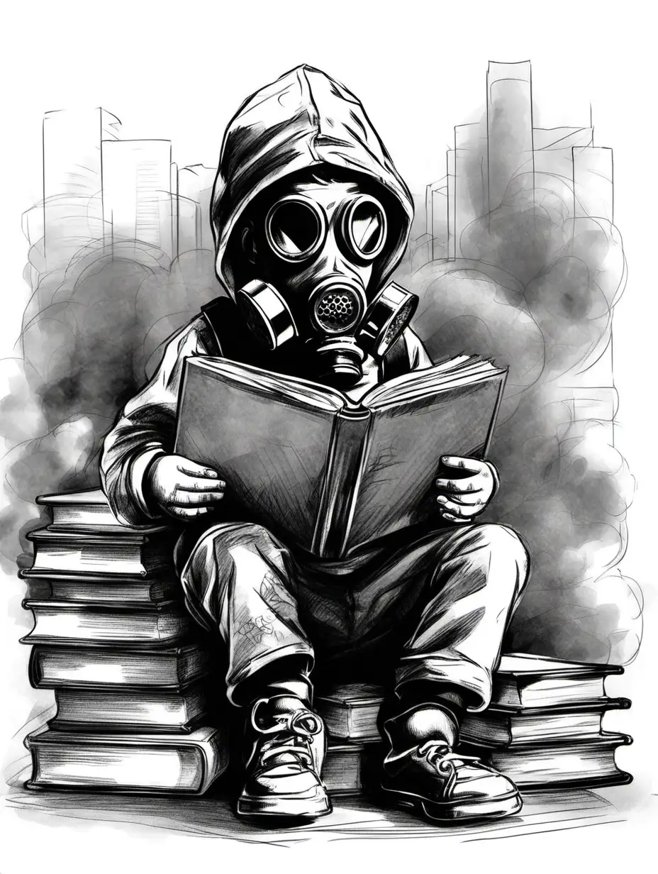 Child with gas mask collecting books sketch