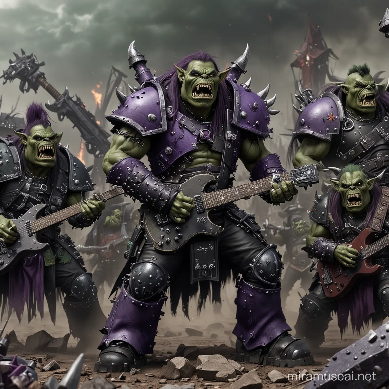 a warhammer 40k ork heavy metal band rocking out during a battle. purple and black leather armour with green skin. lots of orks
