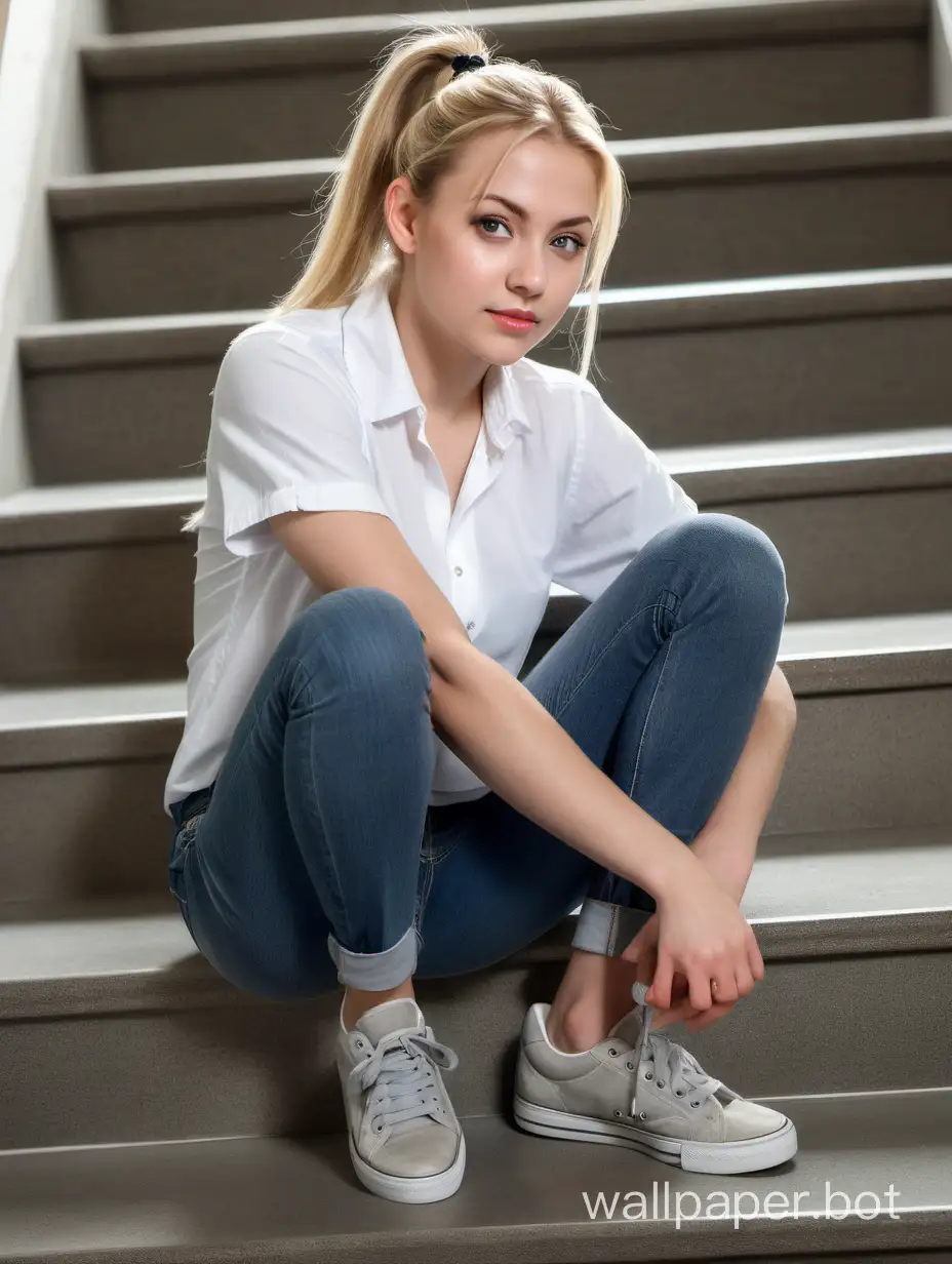 Young girl of 29 years old, blonde with a ponytail, light eyes, angelic face, wearing a white shirt and jeans with gray sneakers, sitting on a staircase, full body view.