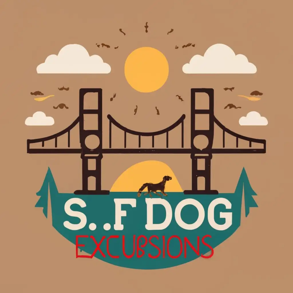 logo, golden gate bridge, dog, trees, with the text "S.F. Dog Excursions", typography