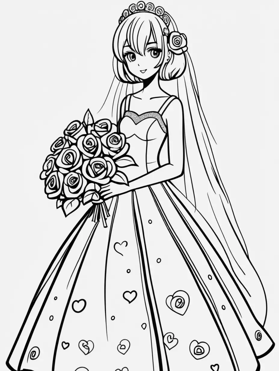Joyful Cartoon Kawaii Bride Holding a Rose in Minimalistic Monochrome Art