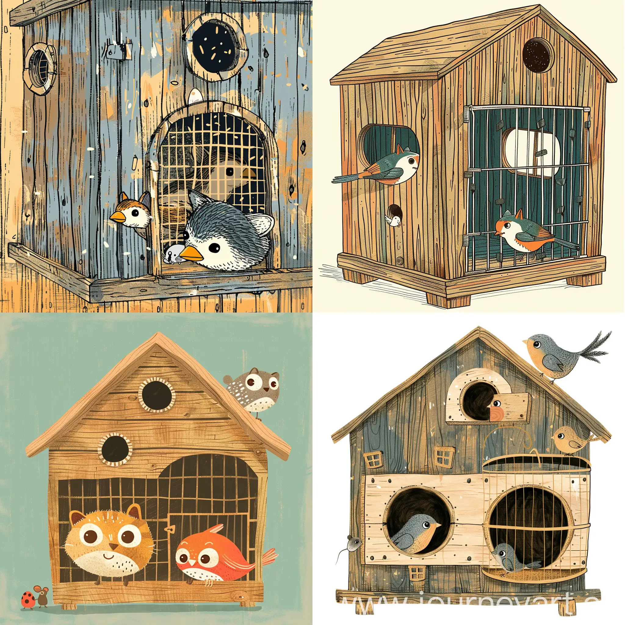 Bird cage in the shape of a house made of wood with windows and holes、Two birds are peeking out of the hole, small mouse (zoom-up). Big cat, simple image pattern、Hand drawn, Easter colors, abstract, cheerful, whimsical, funny, children's storybook style, webtoon style