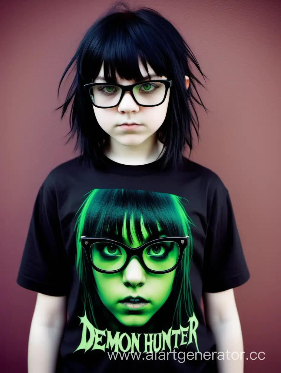 Девочка 13 лет волосы чёрные, чёлка зелёная. Насить очки для зрения. Носит чёрную футболку с картинкой рок группы "Demon Hunter" Эмо. 