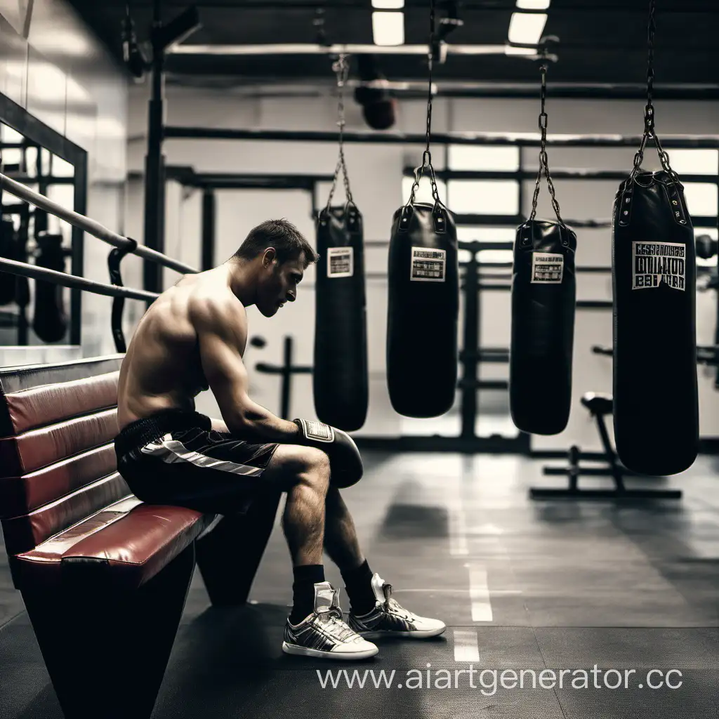 На дальной дистанции Фото мужчины на скамейке в спортзале в боксерских перчатках.  