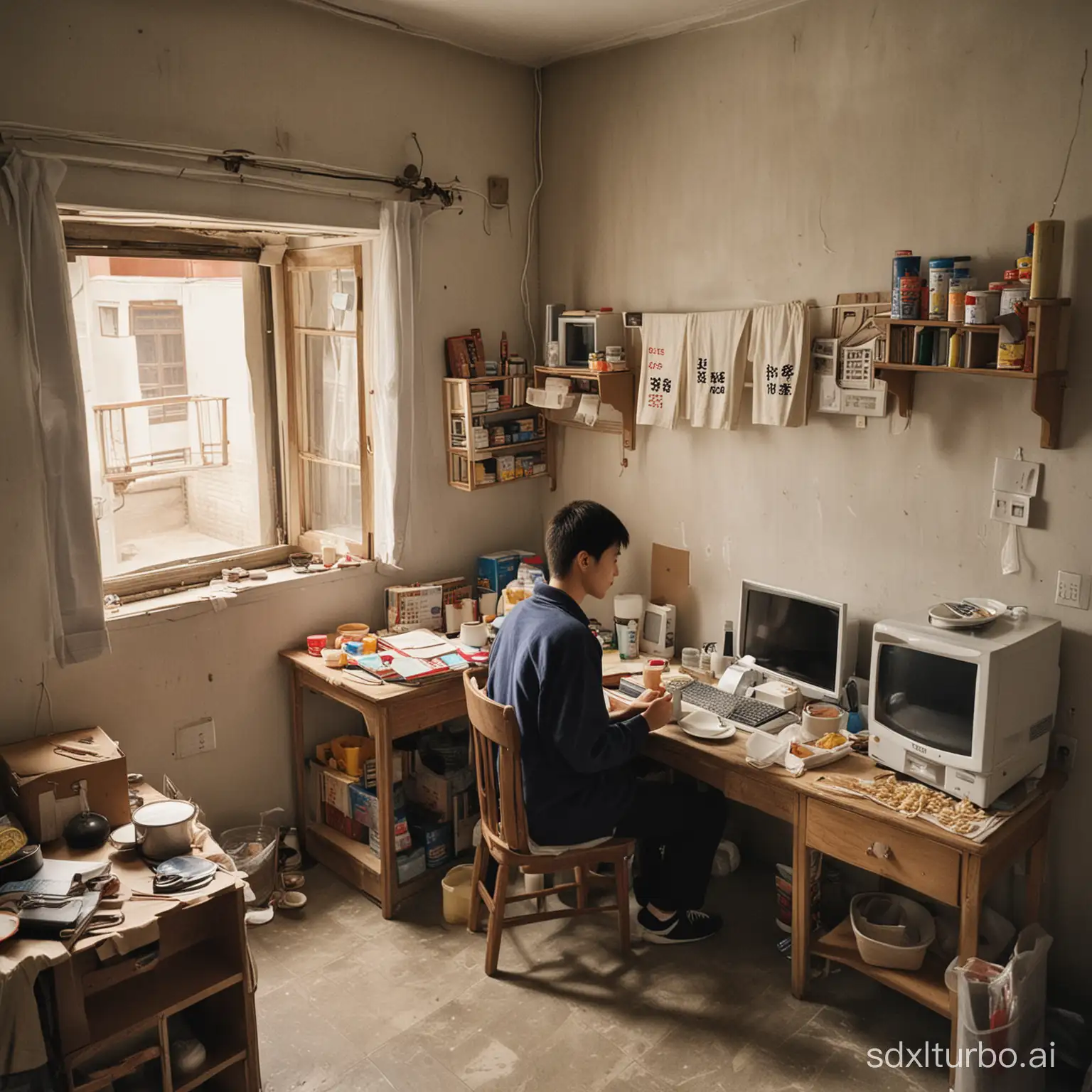 1000 yuan (low income):

Residence: a small rented house, possibly a collective dormitory on the outskirts of the city, with simple furniture and crowded space.
Characters: There is a young person in the house, with clear facial features, working or studying hard in front of an old computer, with a cup of instant noodles as dinner.