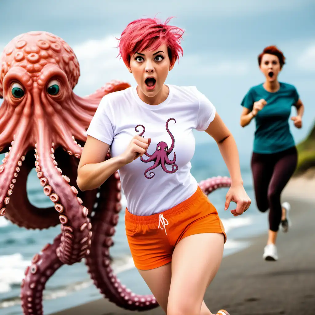 busty 
young woman pink pixie cut wearing orange short running shorts and tight white tshirt being chased by an octopus terrified