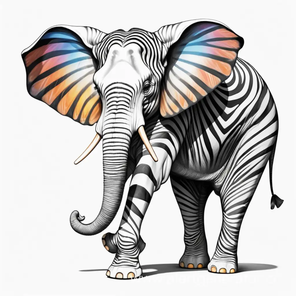 слон с раскрасом как у зебры, уши как крылья бабочки, иллюстрация 2d, стоит боком
