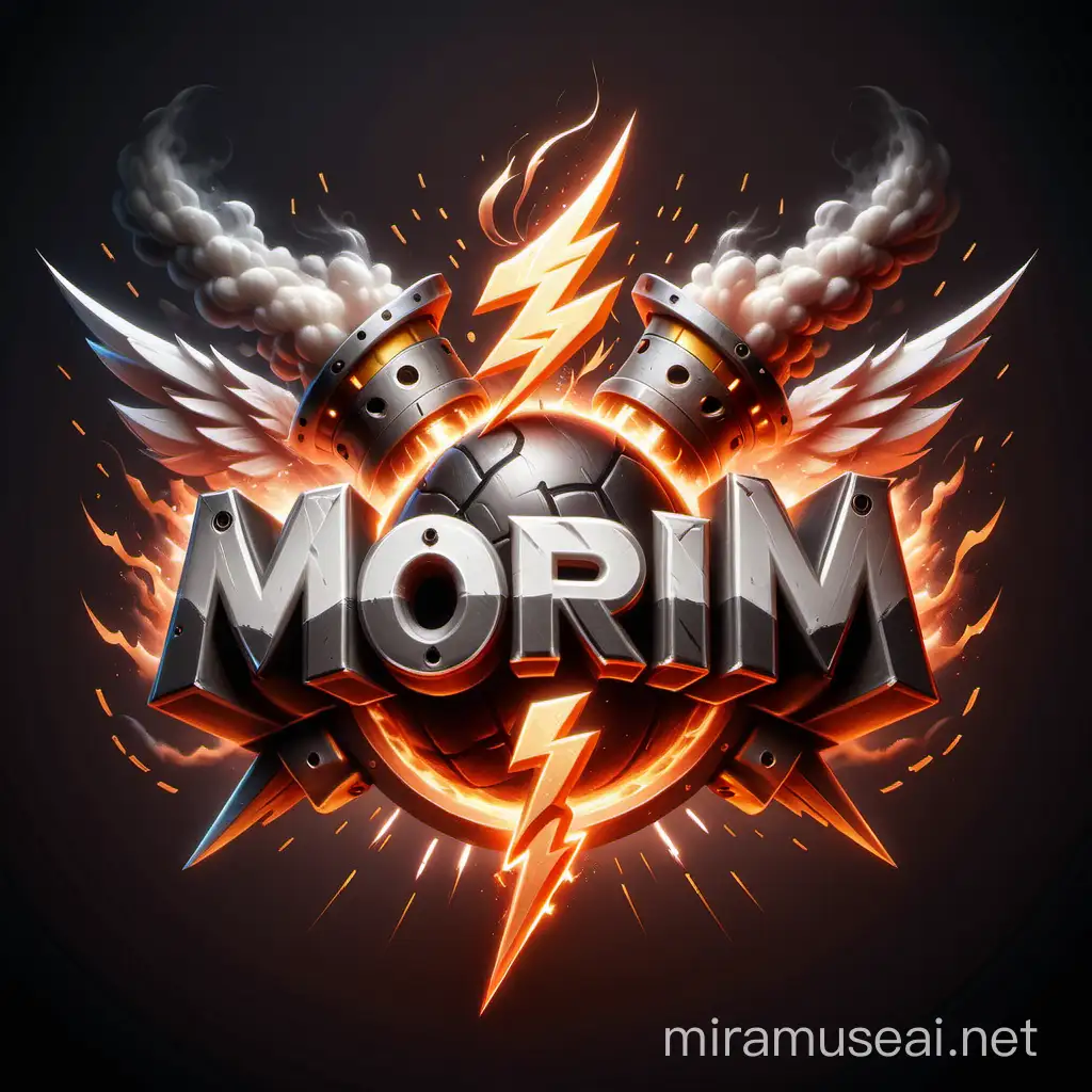 Dynamic profesjonalne logo napis, "MOJRM", logo with strong lightning, fire and smoke, exuding energy and intensity, w tle widoczna flaga Polski.