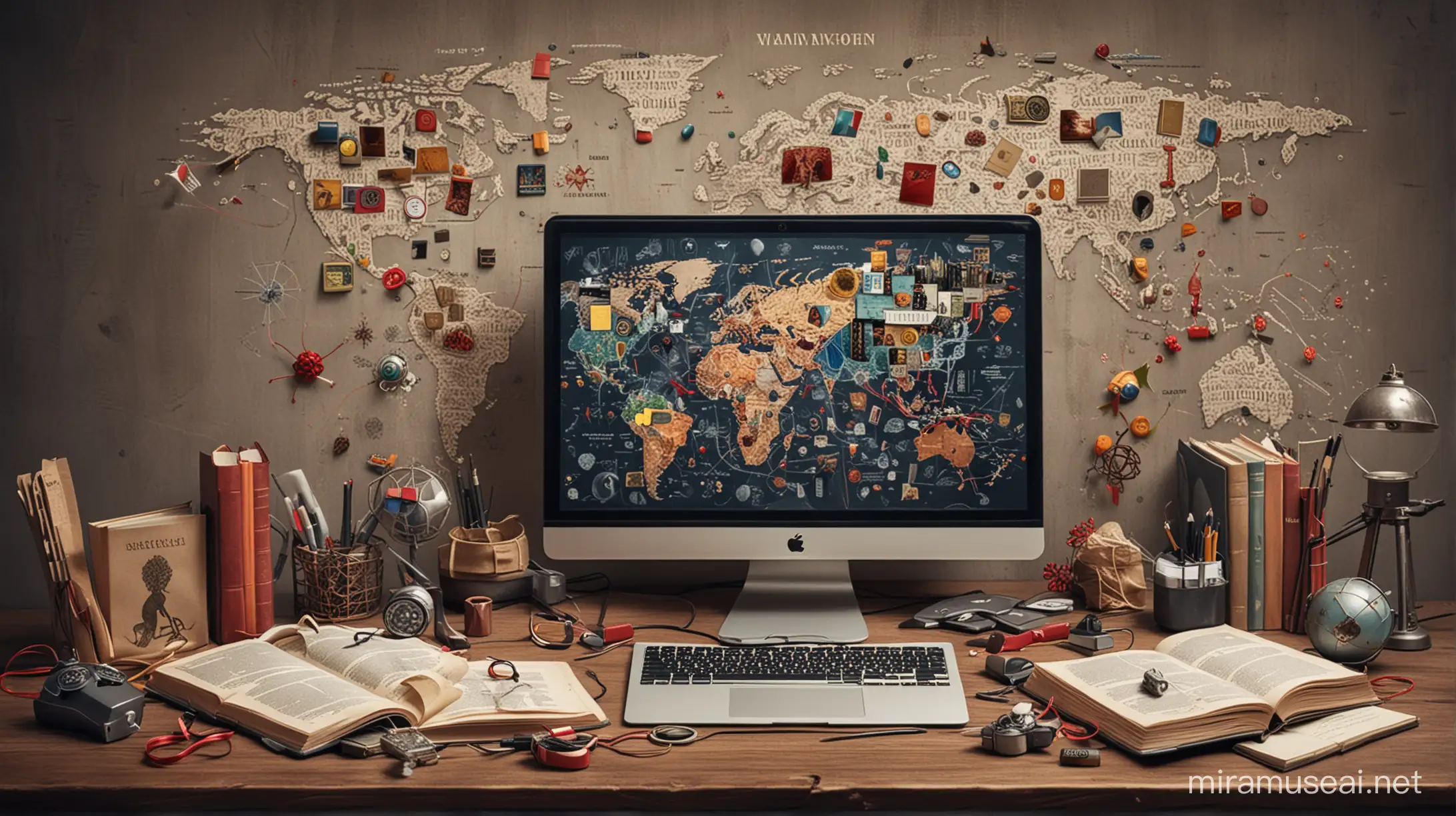 تصویر از مغز انسان همراه با کتاب‌ها و ویرویس‌ها و اسلحه‌ها و نقشه جهان، و رباط‌ها و انواع دستگاهای دیگر مانند کمپیوتر و یک انسان نقابدار